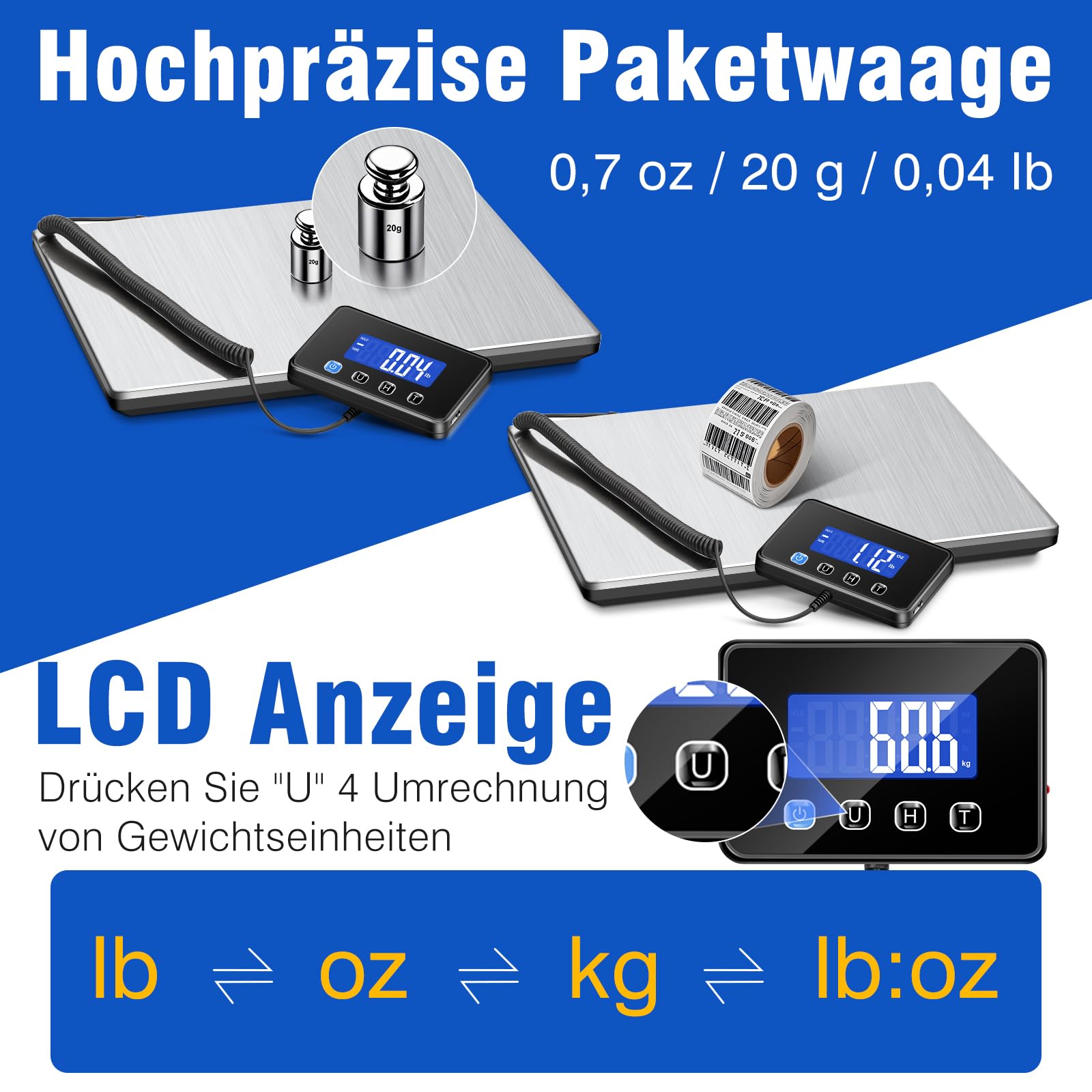 Paketwaage 300kg Plattformwaage 20g Genauigkeit LCD Hold Tara Funktion Batterien Typ-C