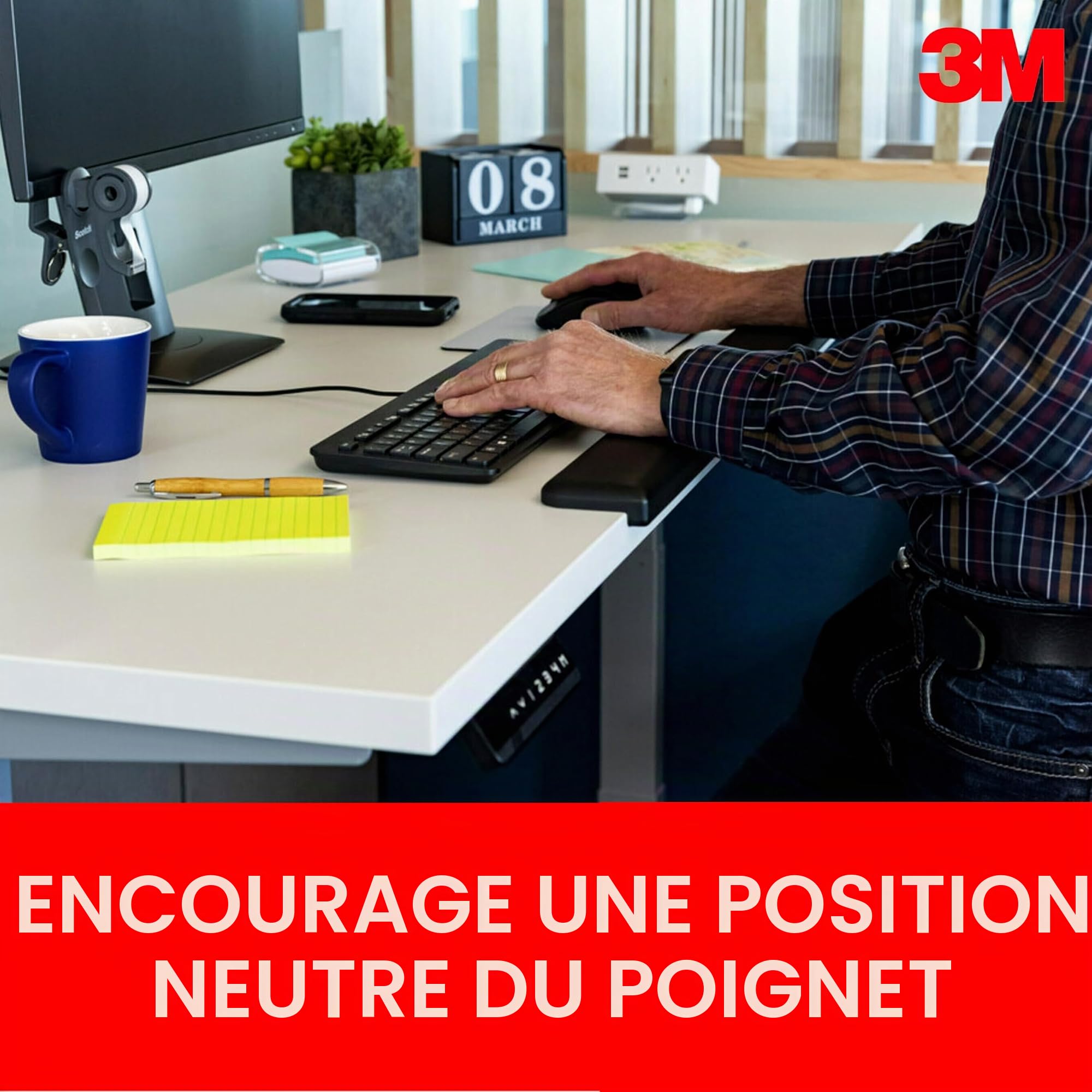3M WR200B Repose-poignet en gel pour bureau debout pour différentes positions de travail Noir 76,5 x 2,5 x 8,3 cm