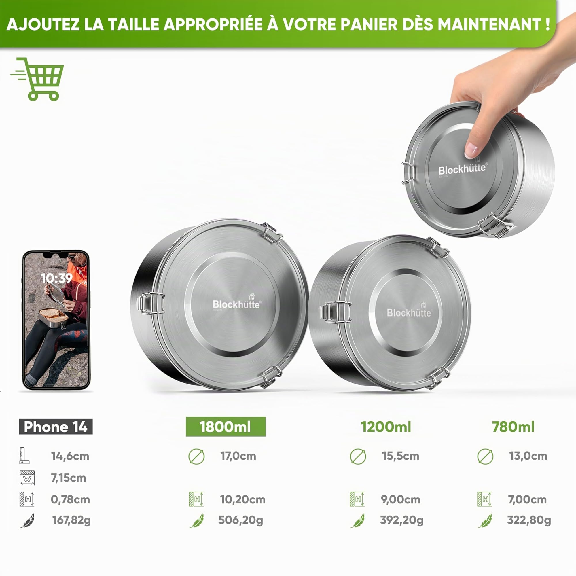 Blockhütte Bento Lunch Box Inox Ronde I 1800ml I Avec Cuillère et 2 Joints I Lunchbox, Boîte Bento Hermétique en Acier Inox, Anti-Fuite I Boite Lunch Box Adulte et Enfant, Boite Inox Alimentaire