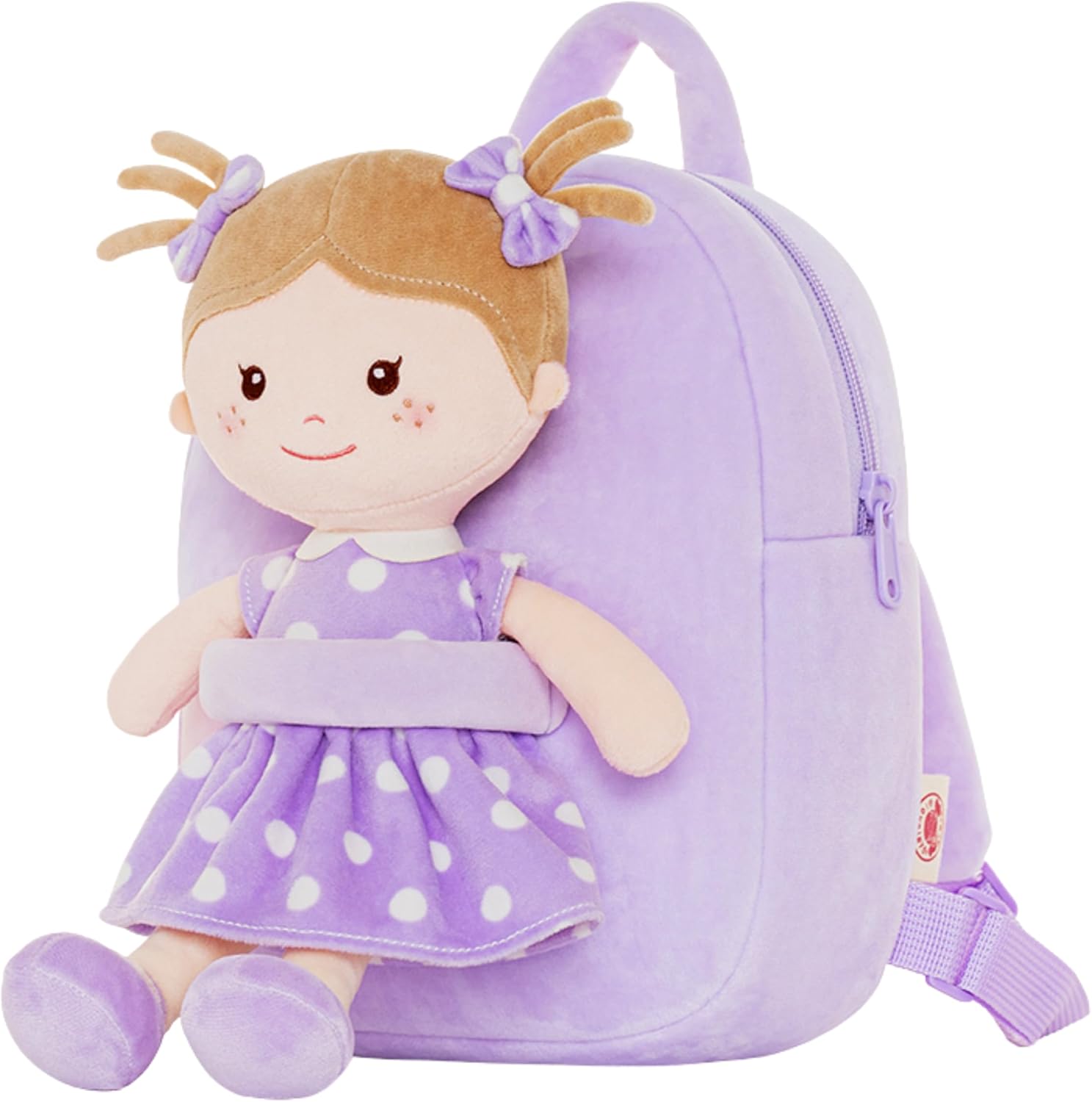 Onetoo Toddler Backpack Back to School Gifts for Girls Kids Backpacks with Soft Light Baby Dolls in Pink Polka Dots Dress 9.5"