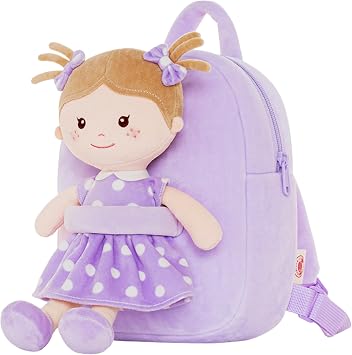 Onetoo Toddler Backpack Kids Backpacks with Soft Light Baby Dolls in Purple Polka Dots Dress 9"