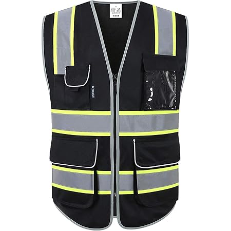 JKSafety 9 Pockets High Visibility Zipper Front Safety Vest Black with ...