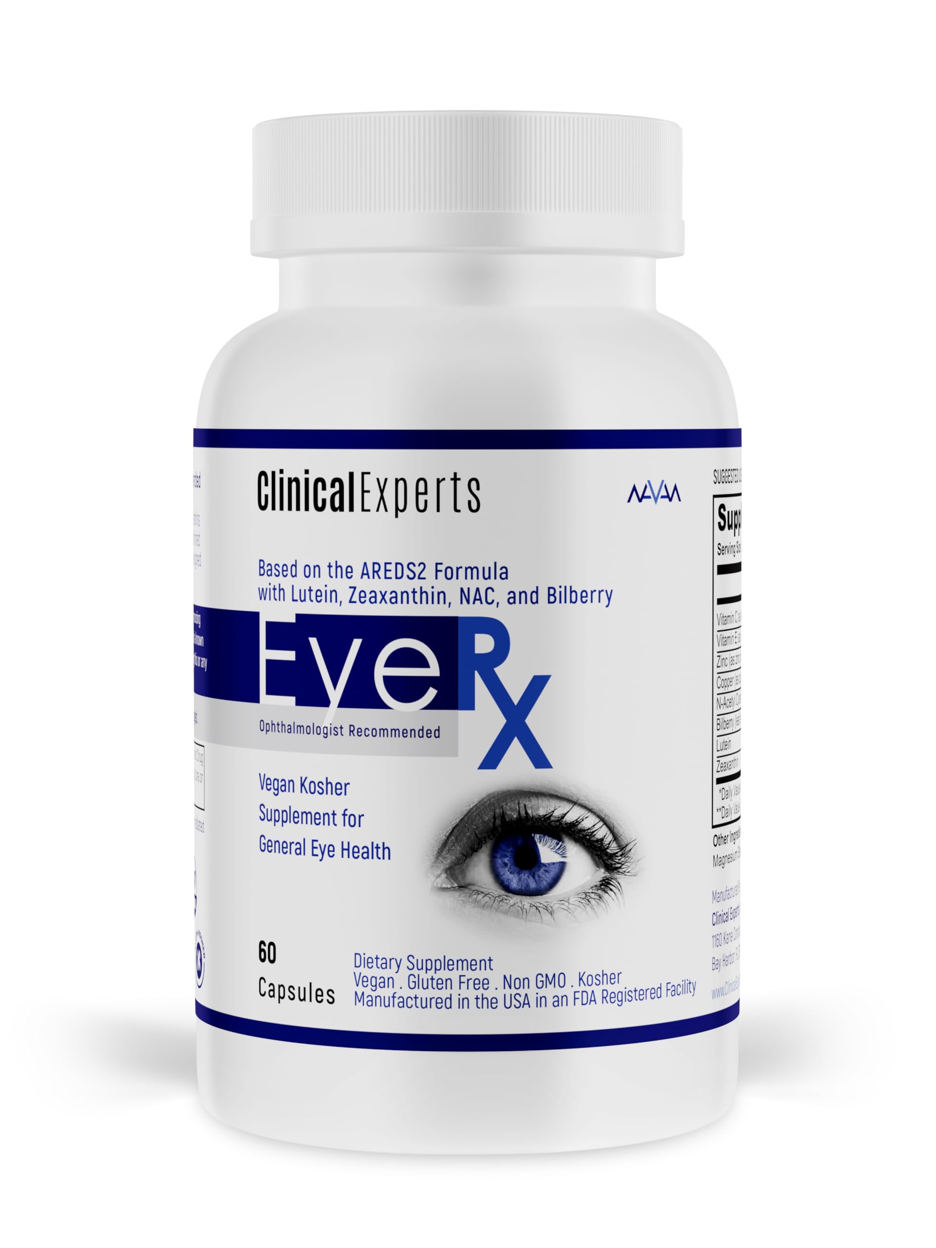 Navan EyeRx Eye Vitamins & Minerals for General Eye Health - Unique AREDS2 Blend - Antioxidant Supplement for The Eyes by Clinical Experts - Lutein, Zeaxanthin, NAC, & Billberry - Kosher Certified