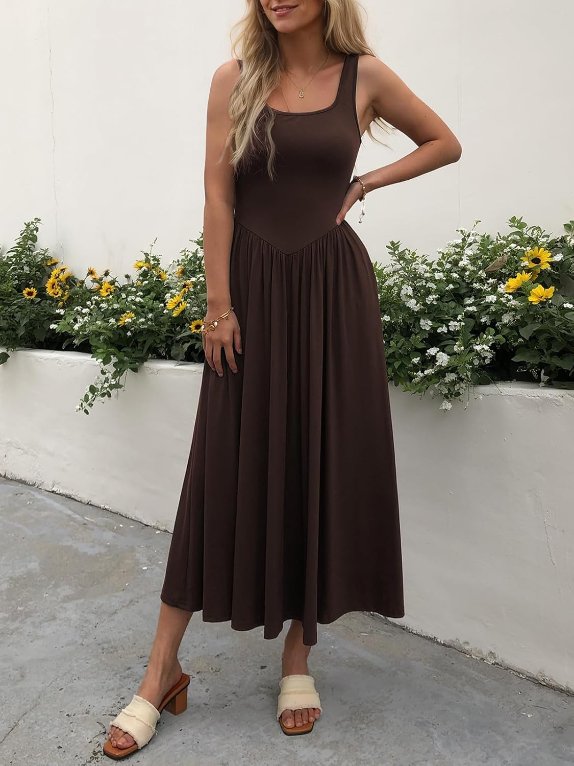 Women's Summer Maxi Dress 2026 - Sleeveless Square Neck Casual Beach Sundress with Pockets, Flowy Patchwork Knit - Image 4