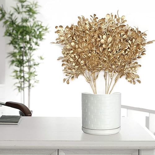Miniatura 4 de Plantas artificiales de hoja dorada, hojas de plantas falsas de plástico, arbustos de hierba, arbustos de helecho, arbustos sintéticos, vegetación