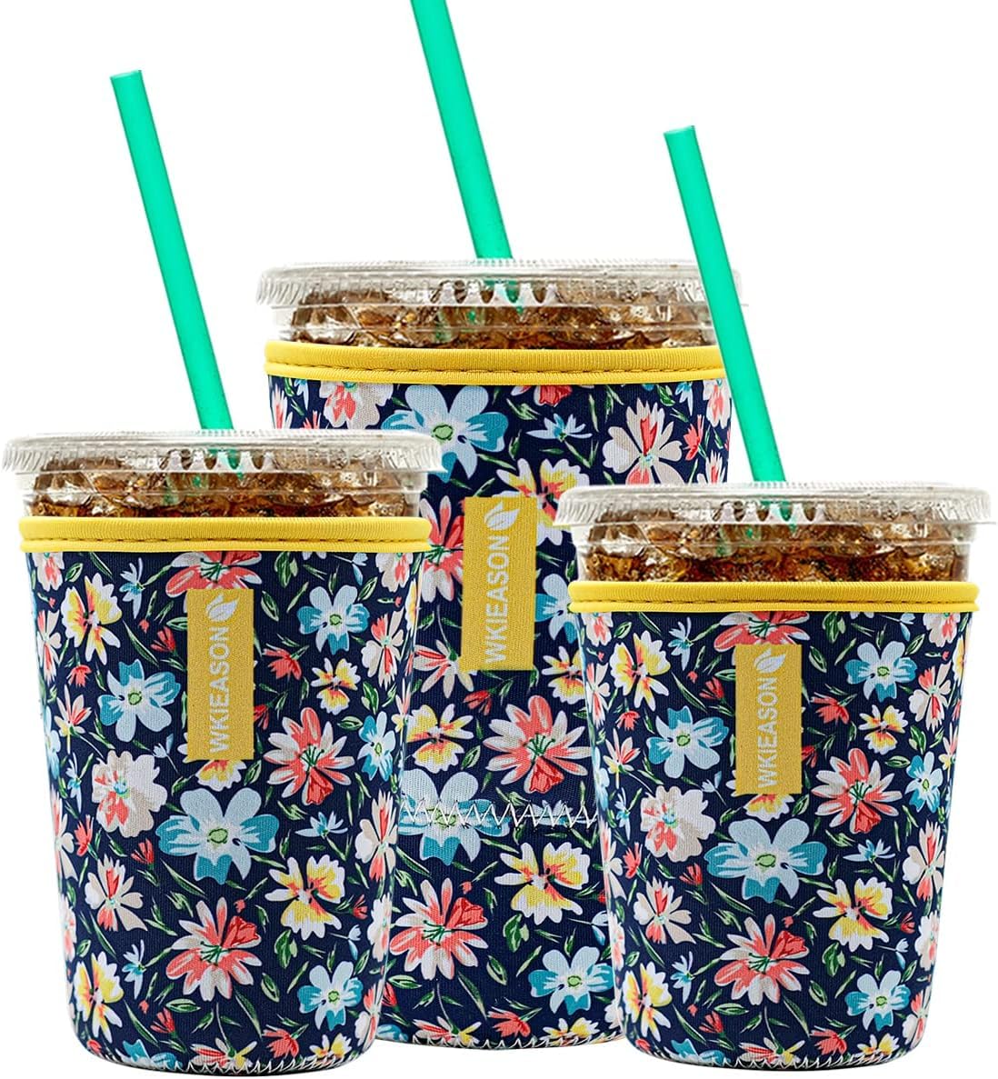 Reusable Iced Coffee Insulator Sleeve for Cold Beverages and Neoprene Cold Cup Sleeves Cooler Cover 16-32OZ for Coffee Cups, McDonalds, Dunkin Donuts, More(Small Flowers)