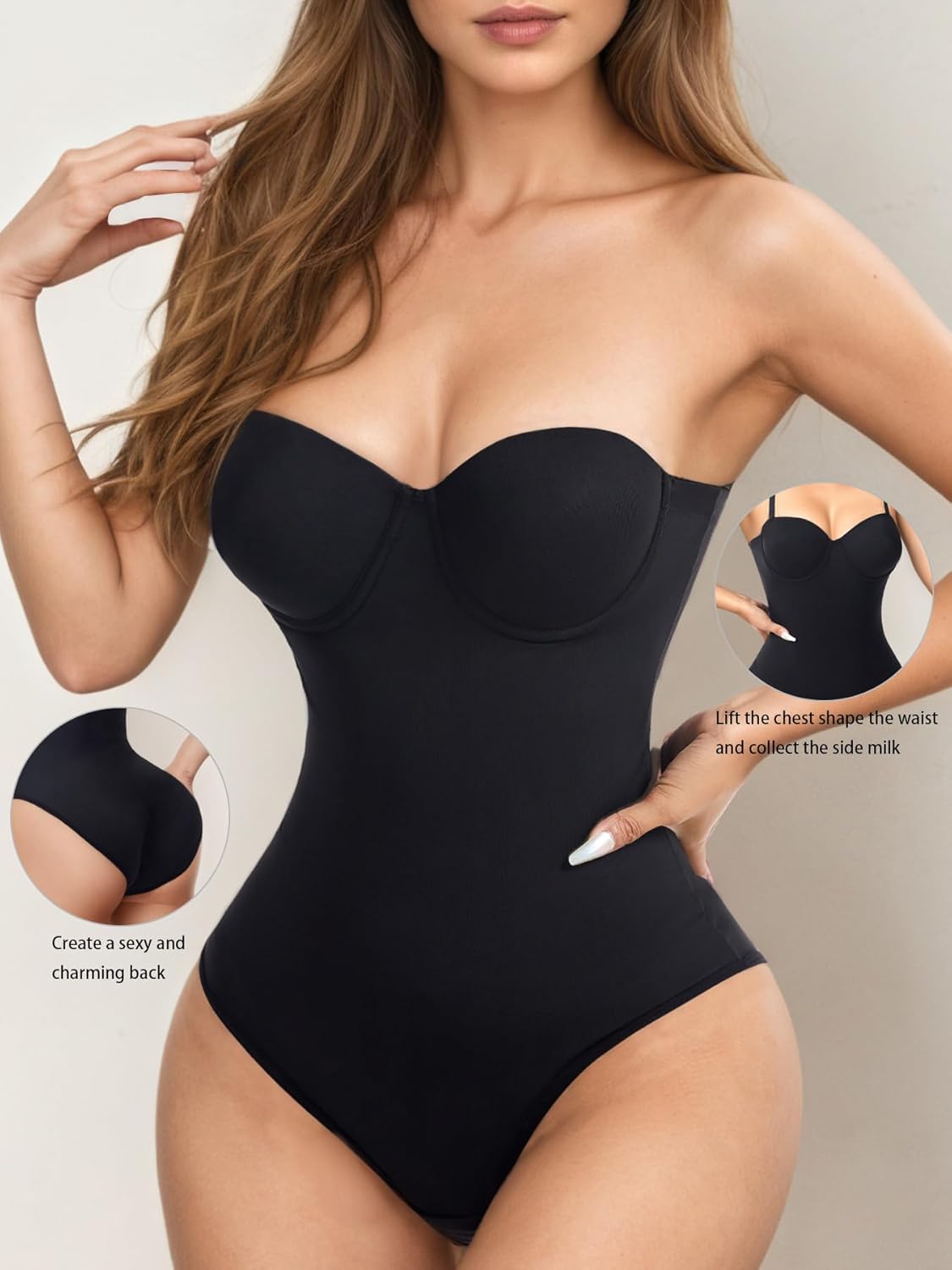 Women's Strapless Body Shaper Tummy Control Waist Push-Up Bodysuit with Cups and Detachable Straps Shapewear - Image 4
