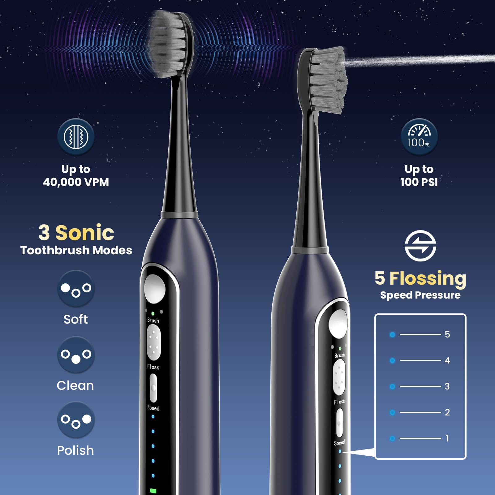 Cepillo de dientes eléctrico con hilo dental de agua: cepillo dental sónico 3 en 1 para limpieza de dientes y aparatos ortopédicos, 5 niveles de presión y 3 modos, diseño portátil impermeable