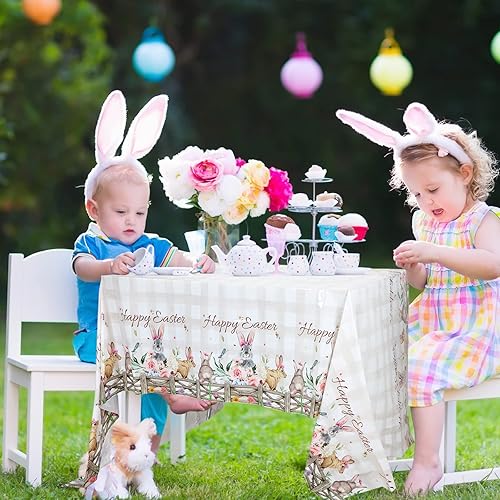 Miniatura 2 de Patelai 4 manteles rectangulares de plástico de 54 x 108 pulgadas, diseño de conejito de Pascua, flores de primavera, decoración para el hogar,