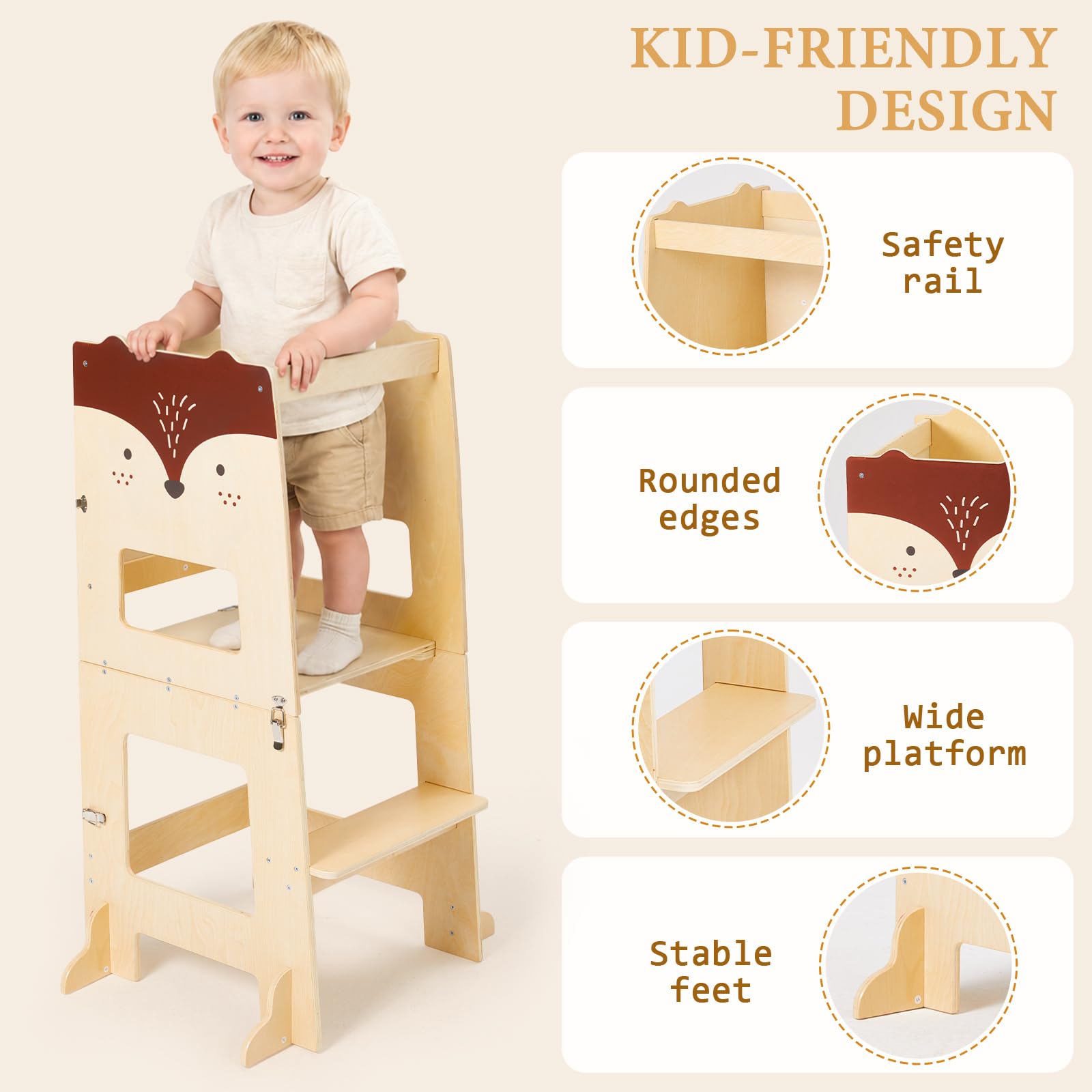 labebe Lernturm ab 1 Jahr， klappbar Montessori Learning Tower | 3 in 1 Montessori Lernturm Kinder mit Message Boards ab 1 Jahr aus Holzwerkstoff