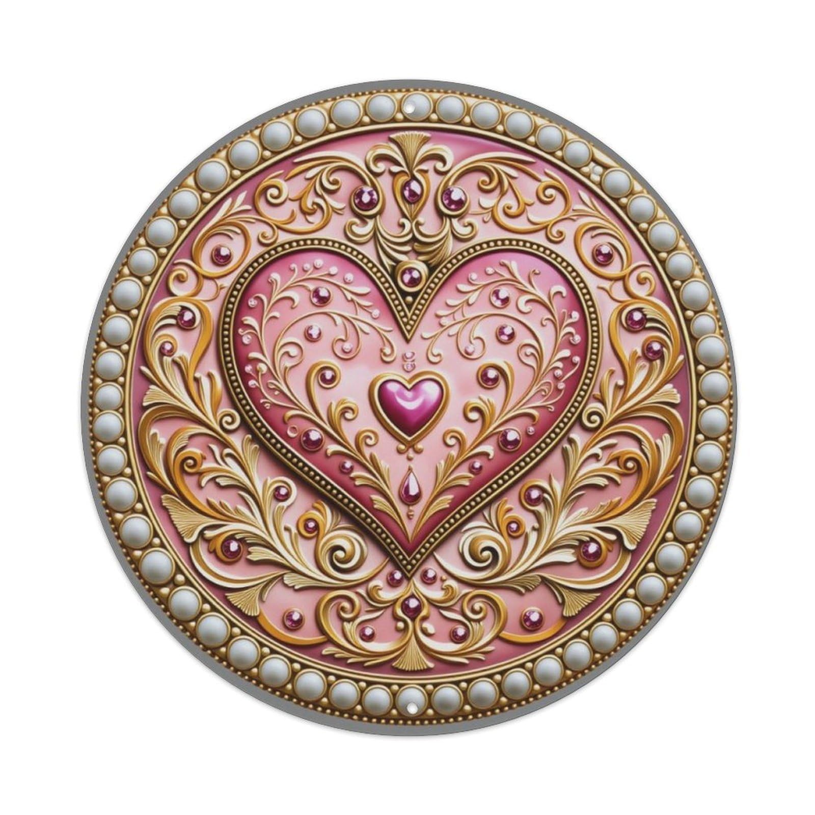 Pearl Golden Ornate Gem Heart Relief Round Decor Sign Vintage Aluminium Metal Sign, Retro Wall Decor for Home, Bar, Garage & Farmhouse 20x20cm