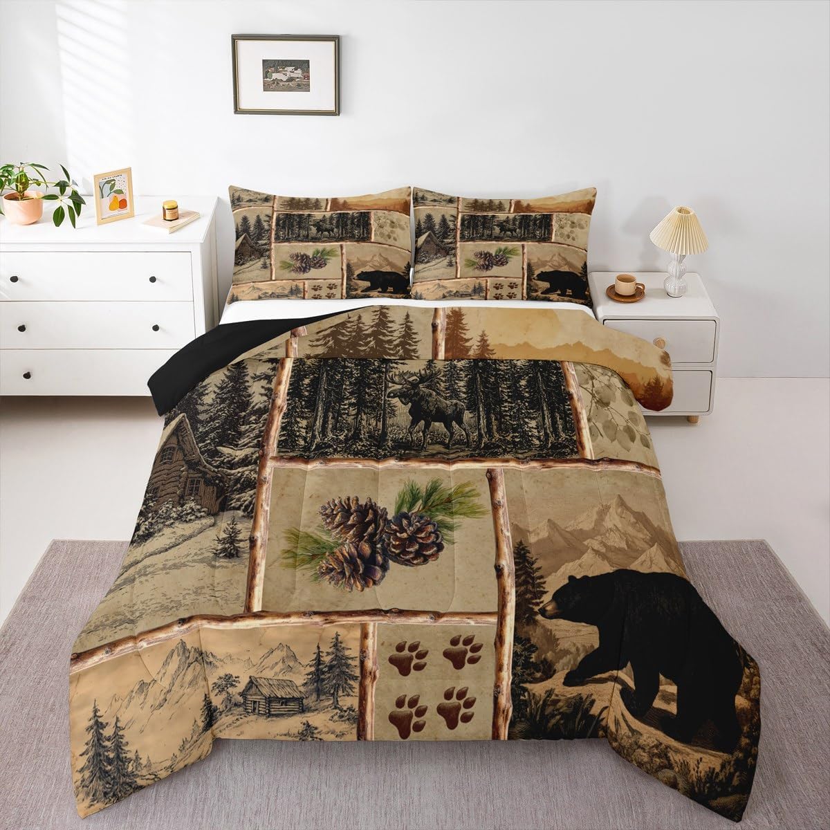 Feelyou Rustic Cabin Bear Deer Comforter Set Queen Size Wild Animal Bedding Set for Kids Boys Girls Farmhouse Duvet Quilt Patchwork Woodland Pine Tree Bedroom Decor Hunting 3 Pcs with 2 Pillow Cases