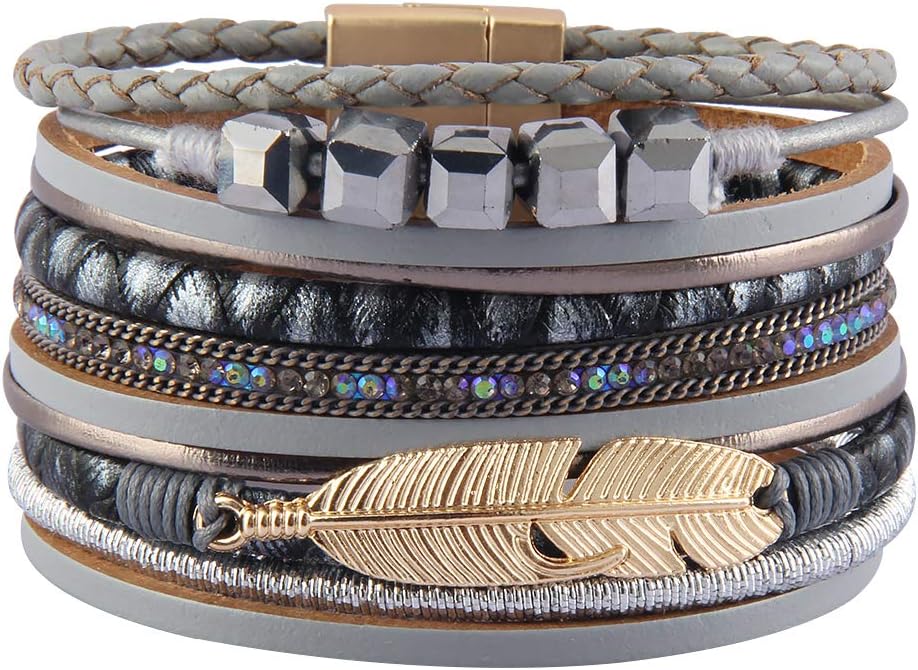 GelConnie Womens Leather Cuff Bracelet Feather Multi Strand Bracelet Wrap Bracelet Turquoise Boho Bangle Braided Leather Wristbands Bohemian Jewelry Gifts for Women Wife Sister