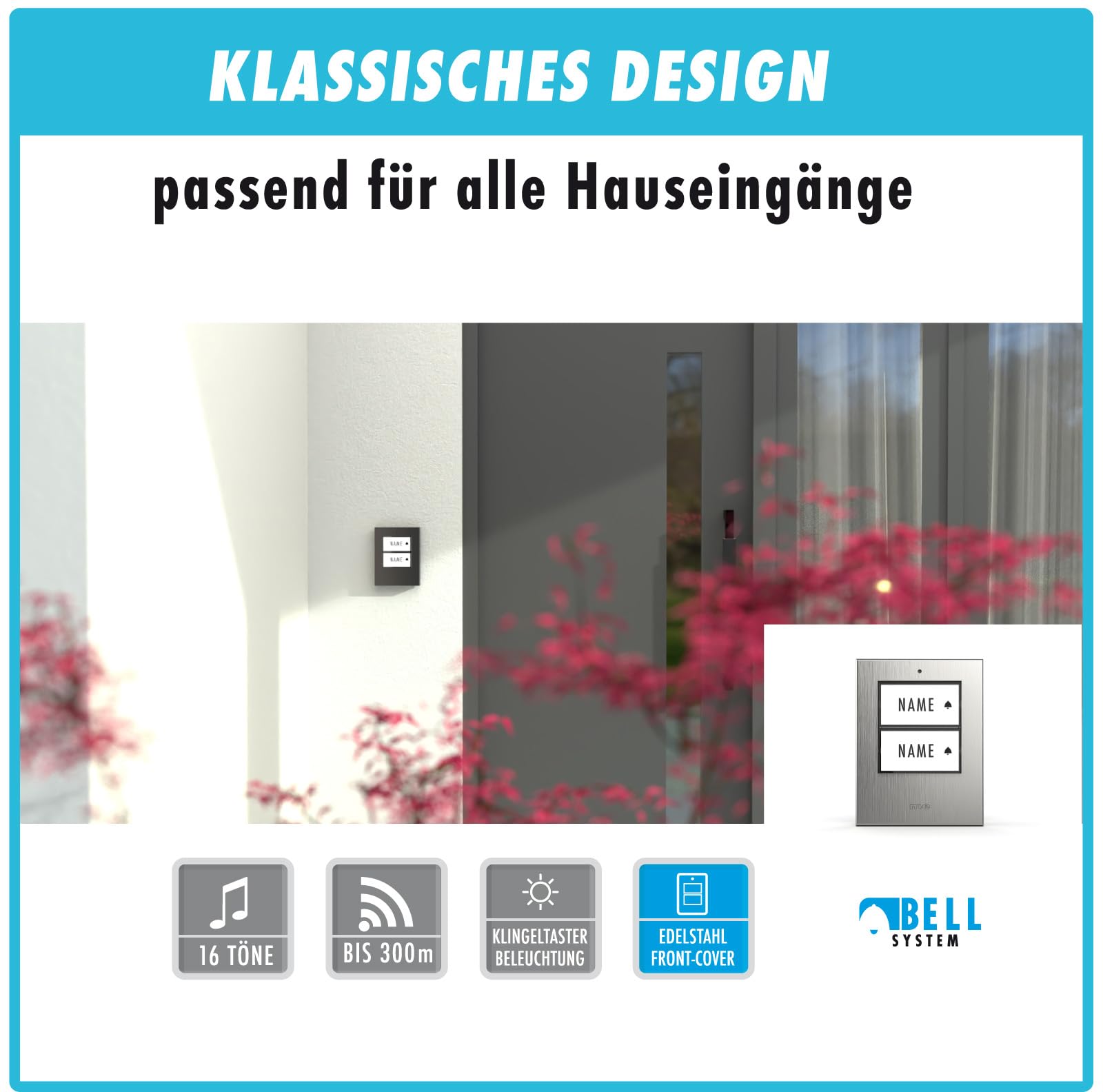 m-e Funkklingel BELL-572 Edelstahl gebürstet mit Sender und Empfänger für 2-Familienhaus | Erweiterbare kabellose Türklingel mit 200 Meter Reichweite | Türglocke für Steckdose