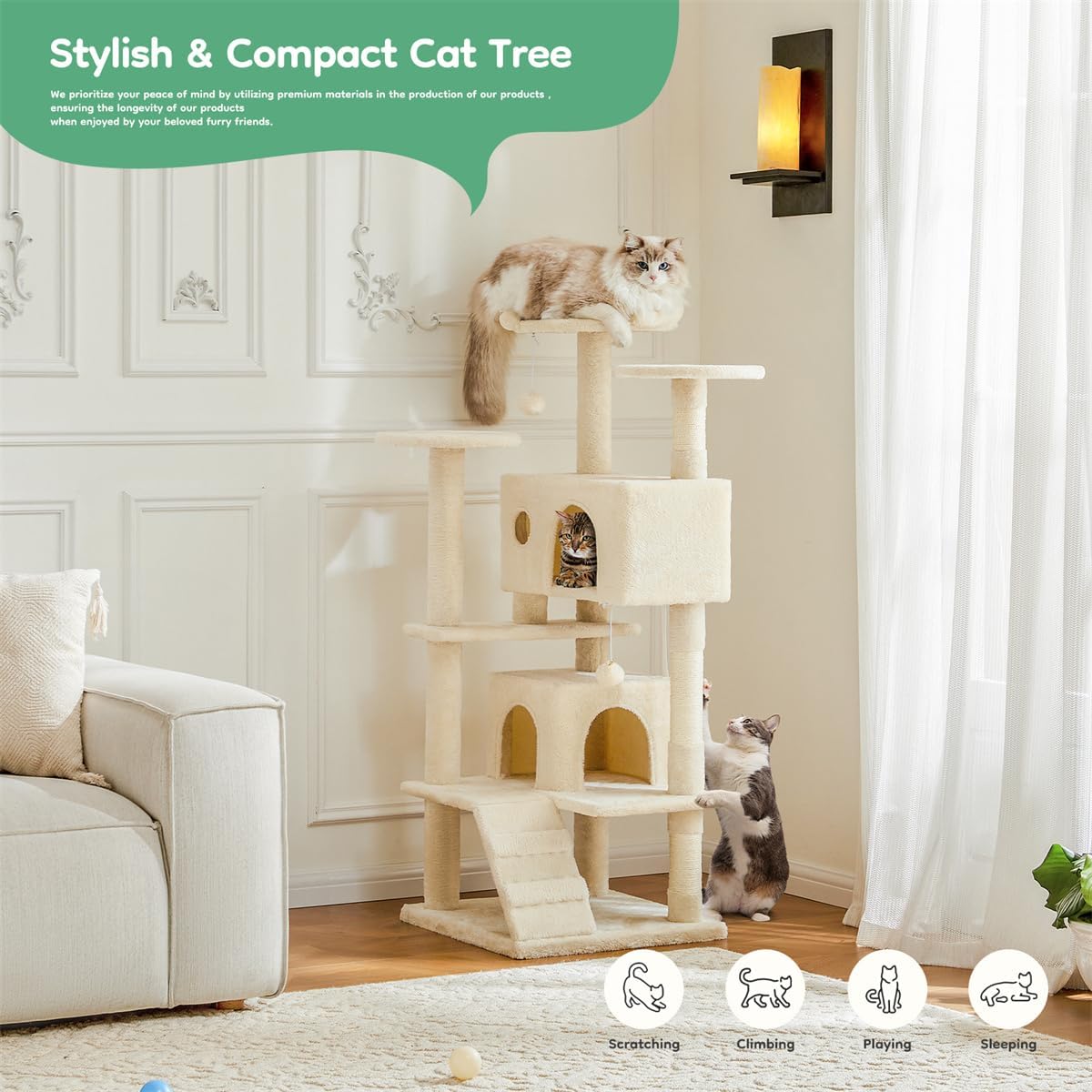 Cat Tree 54in Multi-Level Cat Tower with Sisal Scratching Post, Large Condo, Climbing Ladder for Kitten Indoor, Beige