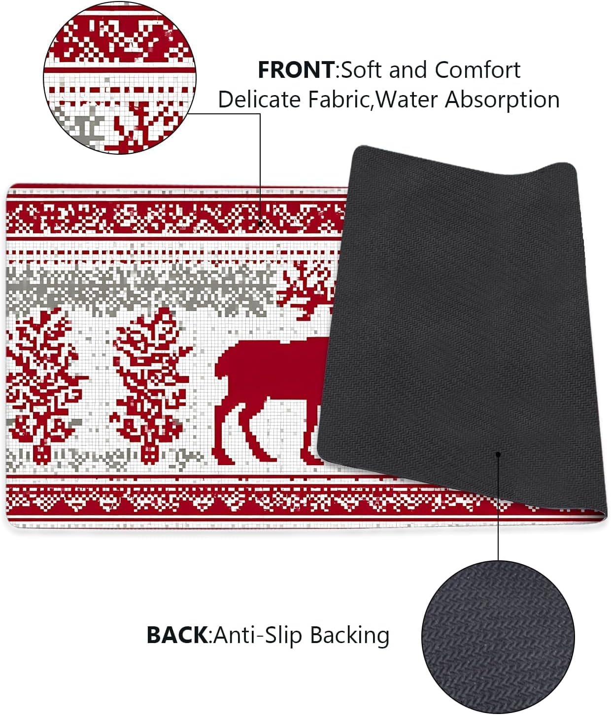 Laundry Room Rug Runner 47"x20" Non Slip Washable Floor Runner, Nordic Knit Red White Reindeer Tree Pattern for Cozy Entry Living Room Holiday Decor