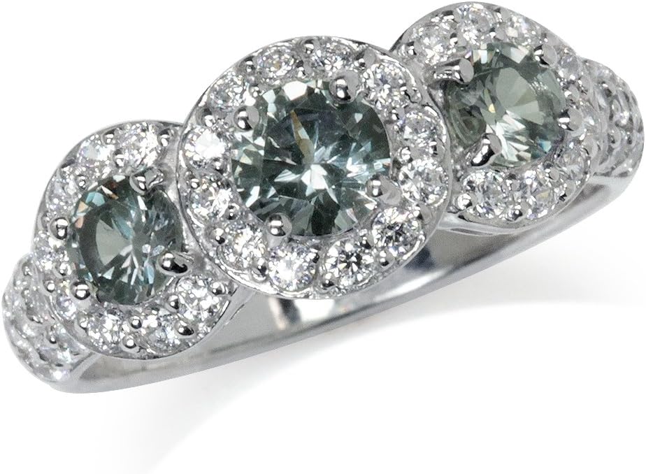 Silvershake 3-Stone Gemstone Surrounded White Gold Plated or Yellow Gold Plated 925 Sterling Silver Halo Engagement Ring Jewelry for Women