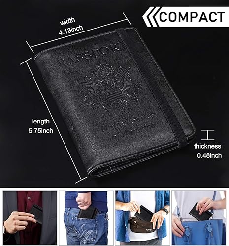 Miniatura 7 de HERRIAT - Portapasaportes de cuero auténtico, con bloqueo RFID para viaje, con compartimento para documentos de identificación, billetera de viaje,