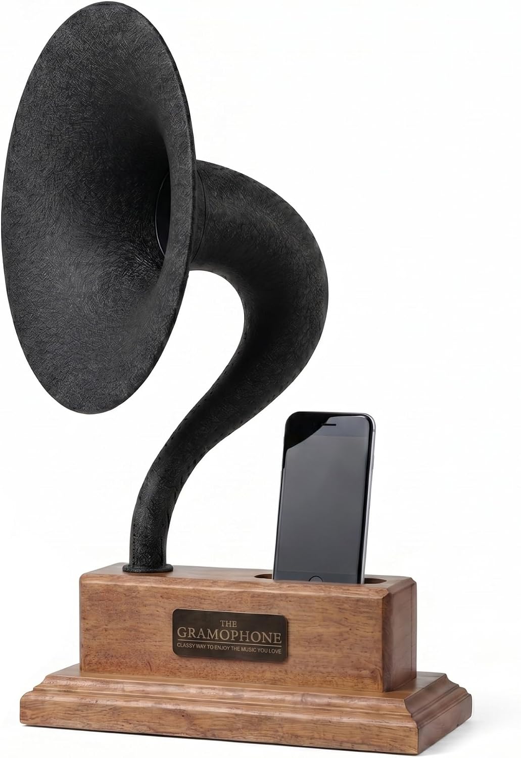 Gramophone Phone Speaker & Amplifier, Vintage Wooden Phone Dock for iPhone & Android, Passive Non-Electric Sound Booster, Unique Home Decor,15" Royal Oak & Brushed Black