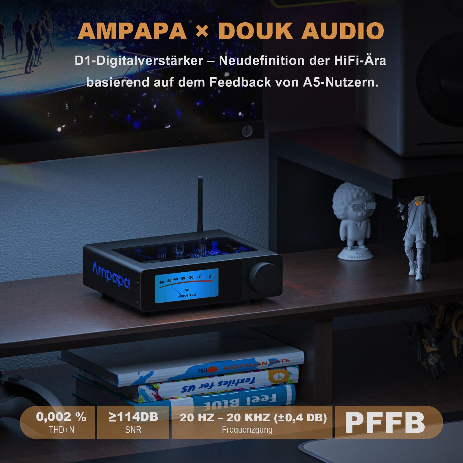 D1 2-Kanal Bluetooth Verstärker HiFi 300W×2 Stereo Amplifier mit HPF, VU-Meter, SUB Pre-Out, TRS-Eingang, Klangregelung & Fernbedienung