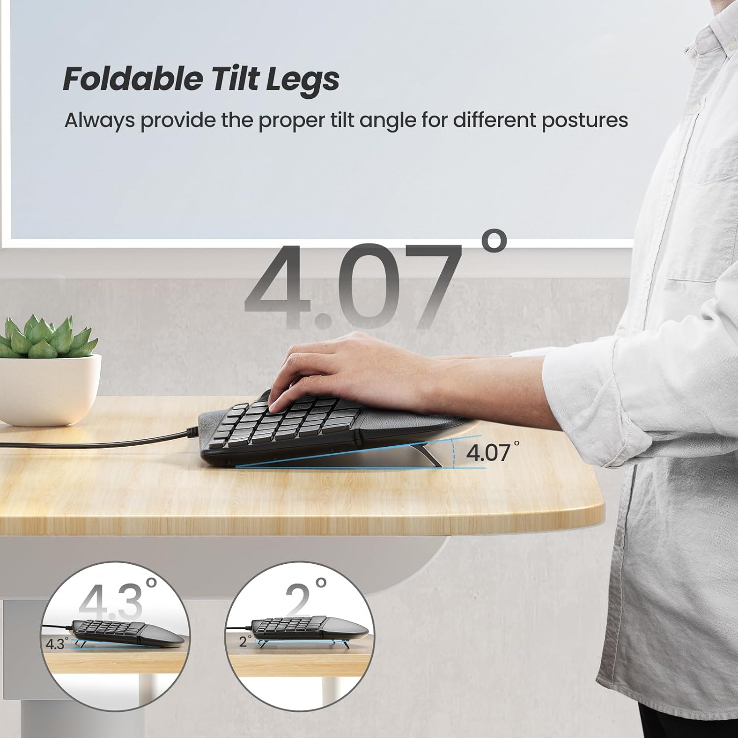 Image showing the adjustable foldable tilt legs of the Nulea ergonomic keyboard.