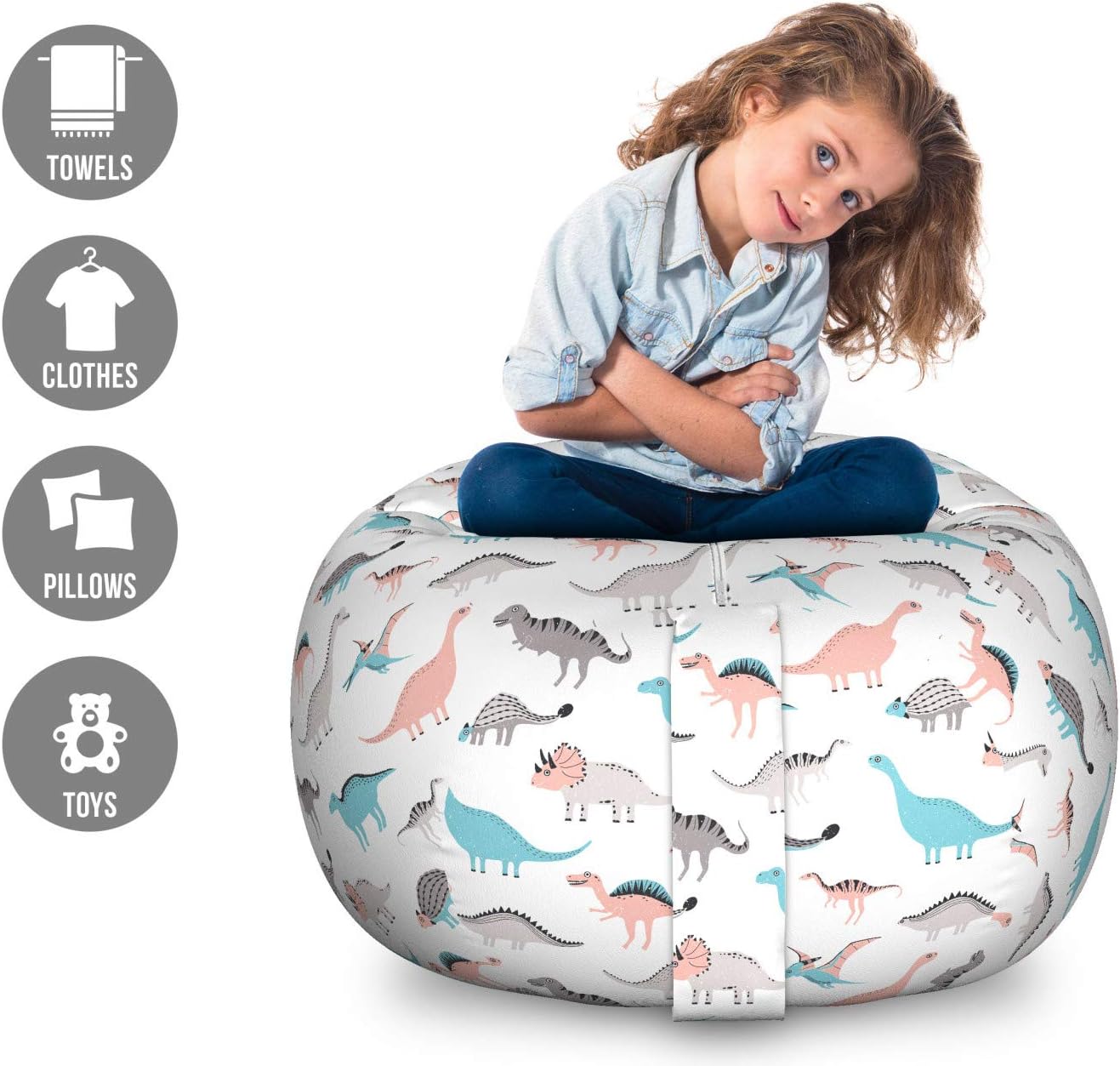 Ambesonne Dinosaur Storage Toy Bag Chair, Triceratops Stegasaurus Velociraptors in Cartoon Style Mesozoic Era Animals, Stuffed Animal Organizer Washable Bag, Large Size, Multicolor