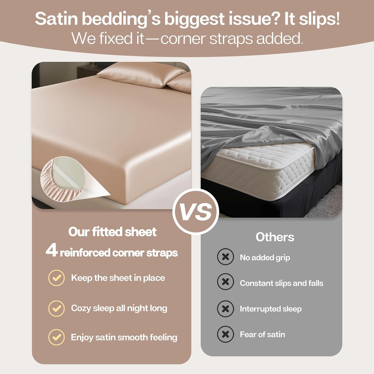 MR&HM Satin Fitted Sheet & Pillowcase Set King Size, 3-Piece Silky Soft Bedding with 15" Deep Pocket, Reinforced Elastic Corner Straps to Prevent Slipping Off Mattress, Champagne