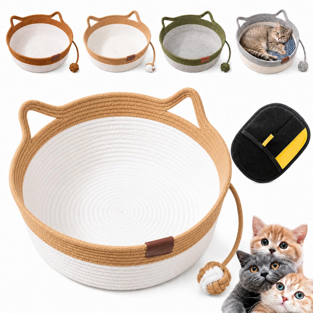 Instinct Basket for Cats with Toy Ball, Woven Cat Scratch Pad Bed, Breathable Instinct Basket for Cats, Washable Round Cat Bed for Indoor Cats, Kittens and Small Pets，Light Brown：M(up to 17Lb)