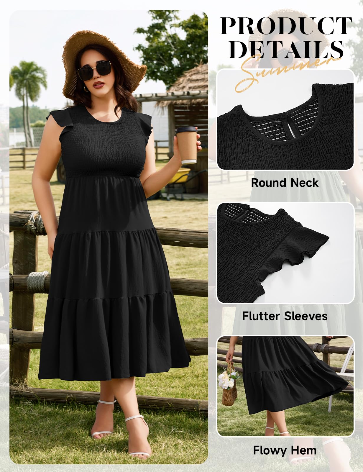 HEEKPEK Vestito Estivo Donna Taglie Forti Abito Lungo Eleganti Vestiti Girocollo con Manica a Volant Elastica Vita Casuale Ampio Abiti da Mare Spiaggia A Linea