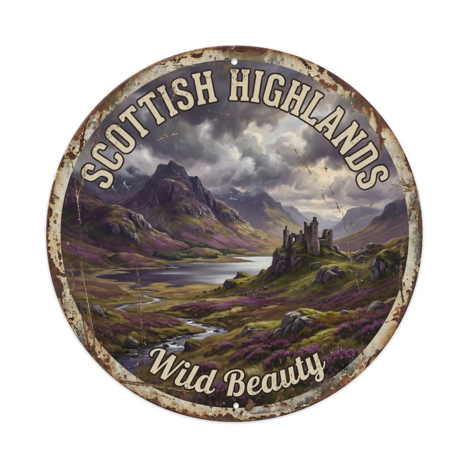Vintage Travel Highland Panorama Scotland Metal Tin Sign Plaque Wall Decor for Cafe, Club, Garden Round Metal Poster 8x8Inch