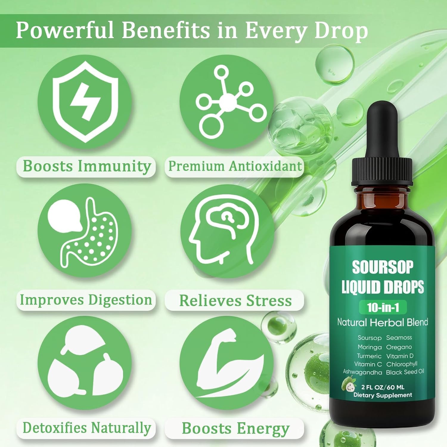 Soursop Natural Drops, 10-in-1 Soursop Extract Drops with Sea Moss, Moringa, Turmeric, Black Seed Oil, Oregano, Ashwagandha Immune Support, Improving Gut Health, Heart Health, 2 Fl Oz - Image 5