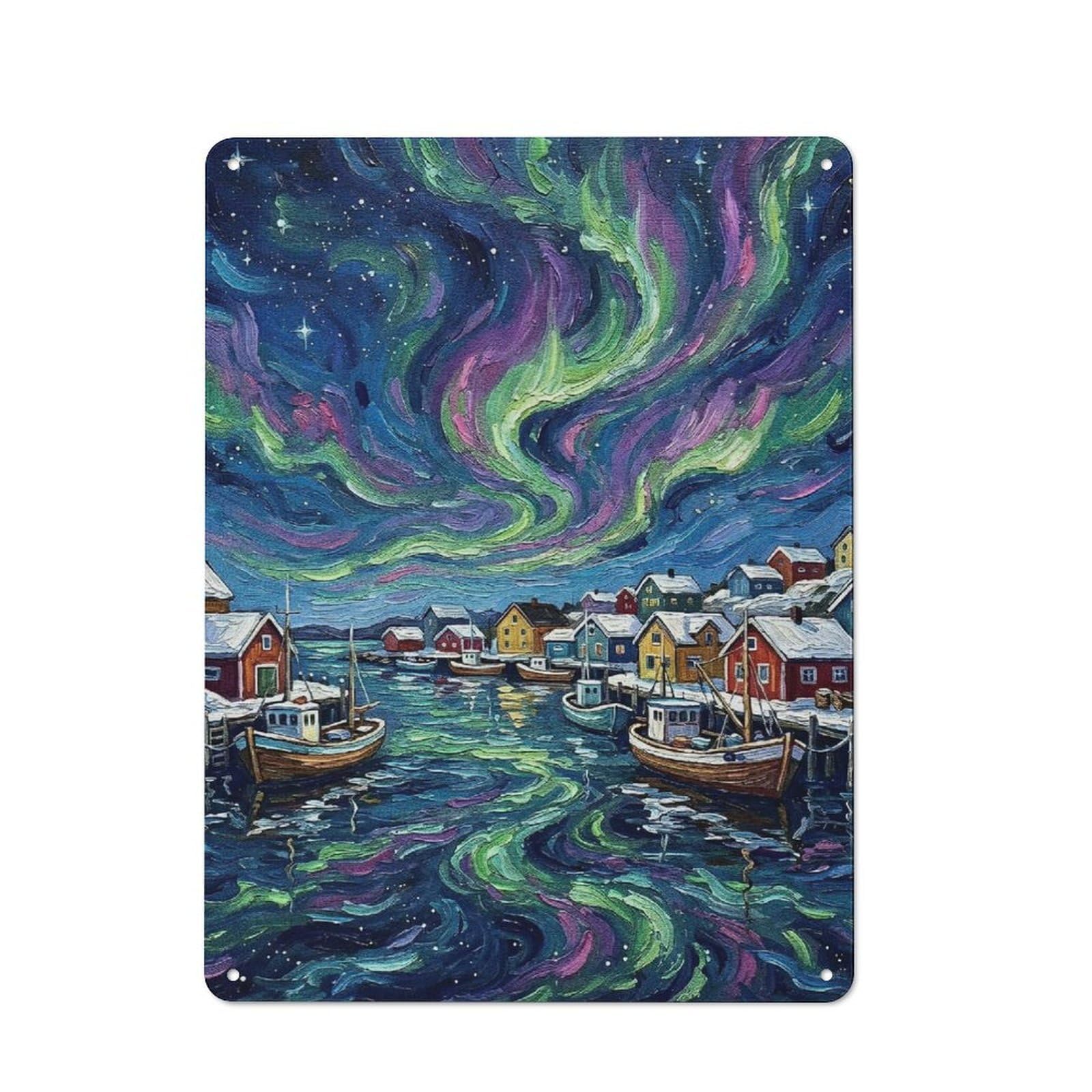 Junmoney Style-20 Tin Wall Plaque 40X30cm With Northern Lights Over Coastal Village Painting For Hallway Wall, A Decorative Metal Sign For Hallways And Entrance Areas