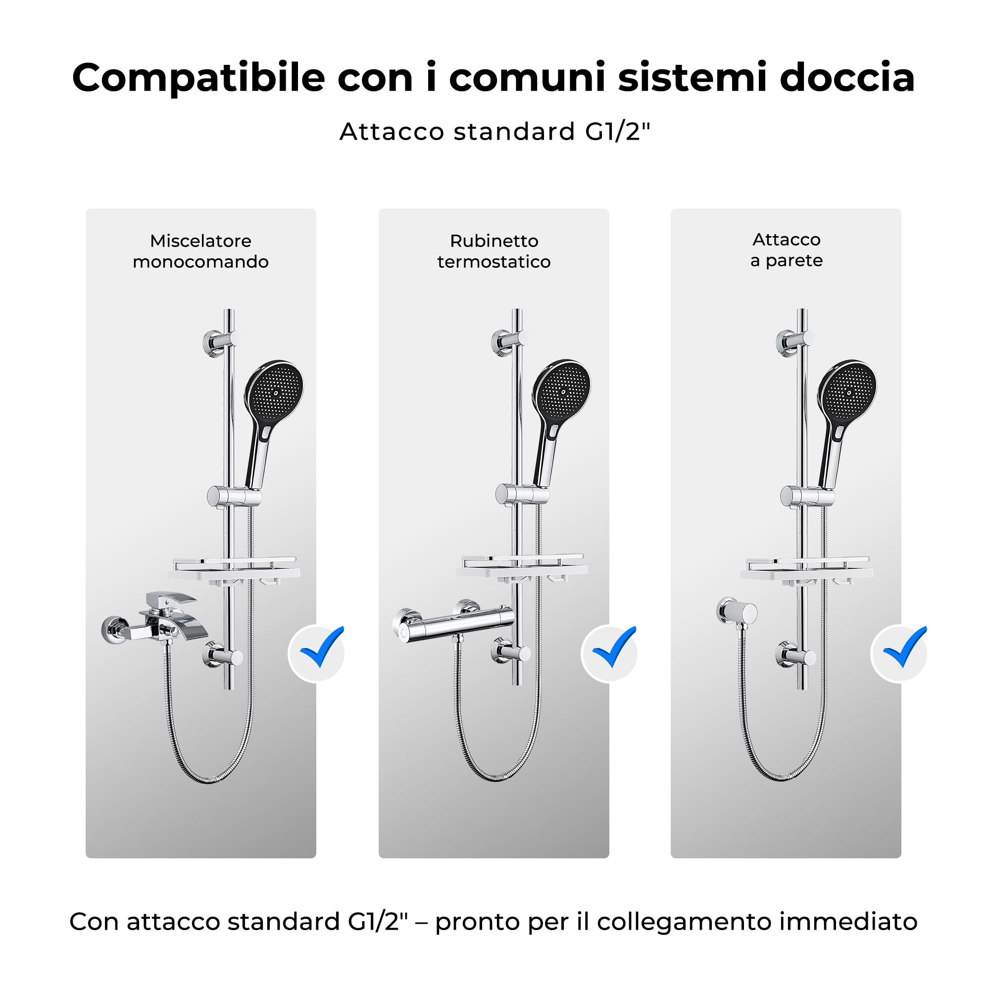 JOHO Colonna Doccia Senza Miscelatore, Asta Doccia Acciaio Inox 70 cm con Supporto Soffione Regolabile, Saliscendi Doccia Adattarsi ai Fori Esistenti con Doccetta 3 Geti e Mensola, Cromo