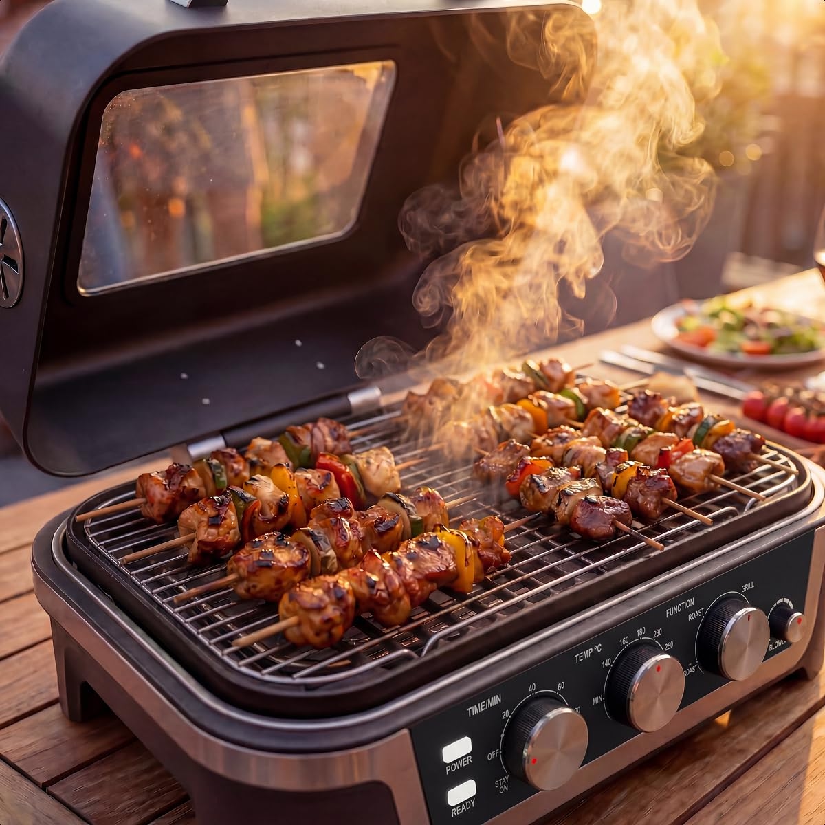 KitchenBrothers 4-in-1 Elektrogrill - BBQ & Smoker - Tischgrill - 2600W | Einstellbar von 90–250 °C, Timer bis 120 Min., Sichtfenster im Deckel, kompaktes, ideal Tischformat