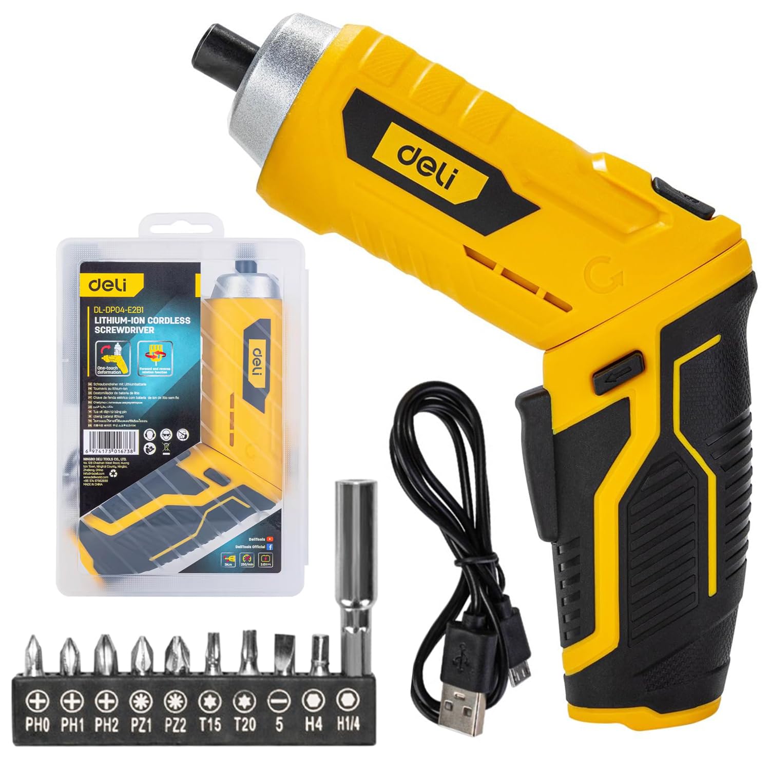 Deli DL-DP04-E2B1 3.6V 250RPM Cordless Screwdriver Set 1.5Ah Li-Ion Reversible Driver with 10-pieces Screw Bits LED Worklight 3.0N.m. Max Torque & Keyless Chuck for DIY & Home Use