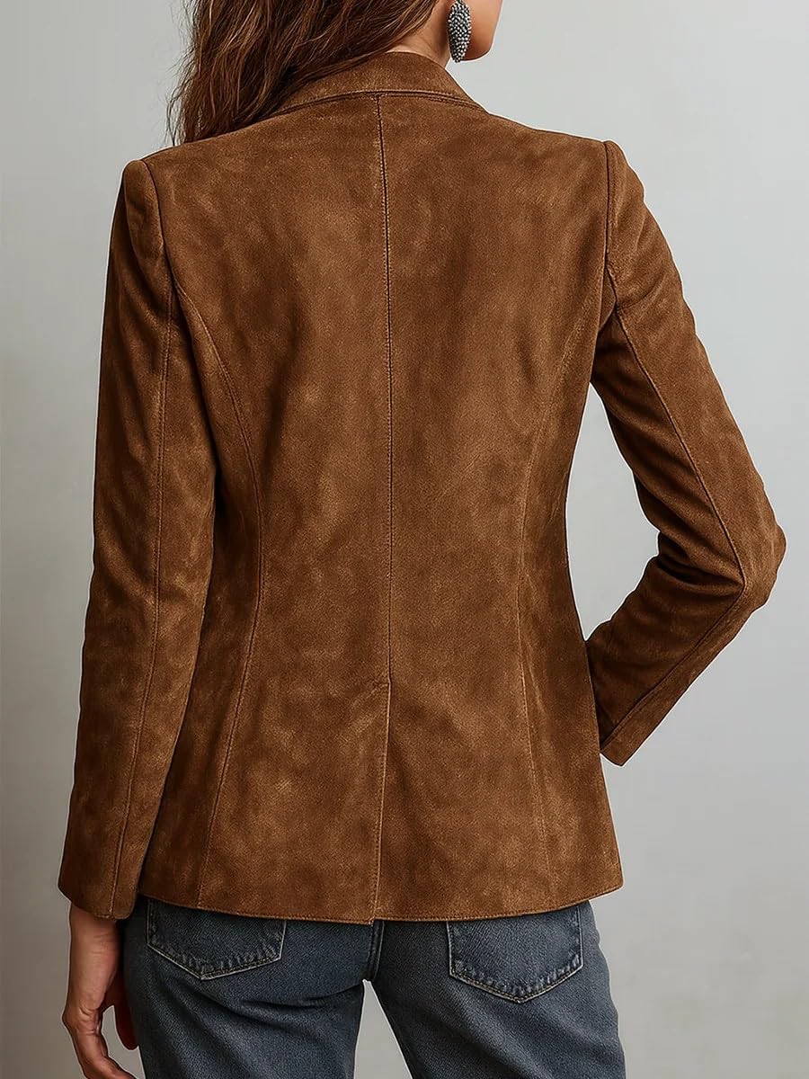 Leder-Blazer für Damen, Vintage-Stil, Wildlederimitat, Retro-Kontrastnähte, umweltfreundliche Wildlederjacke, Arbeit, Freizeit, Herbstmäntel