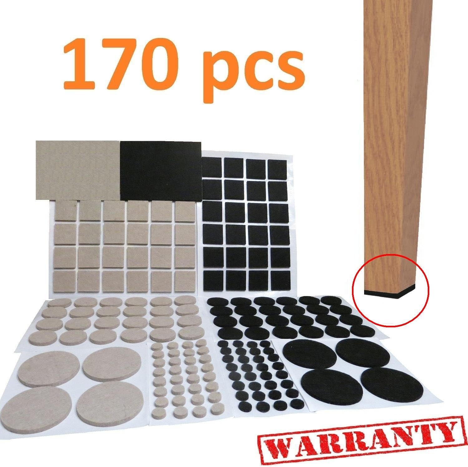 Self-Adhesive Felt Furniture Pads Large Pack 170 pcs Chair Leg Floor Protectors Black Beige Furniture Pads for Hardwood Floors 60 Days Warranty ! Felt Furniture Pads