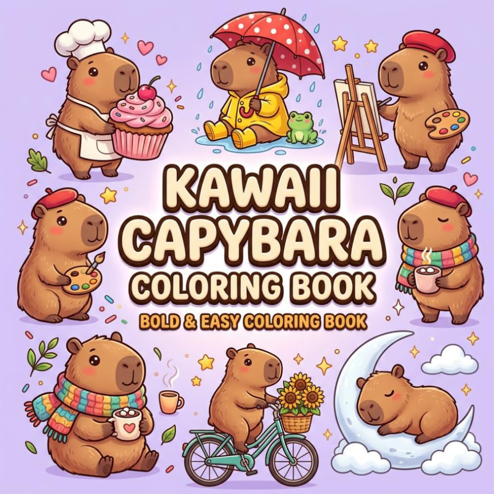 Kawaii Capybara Coloring Book: Bold & Easy Cute Capybara Coloring Pages with 40 Adorable Kawaii Animal Adventures for Kids, Teens, Adults & Relaxation