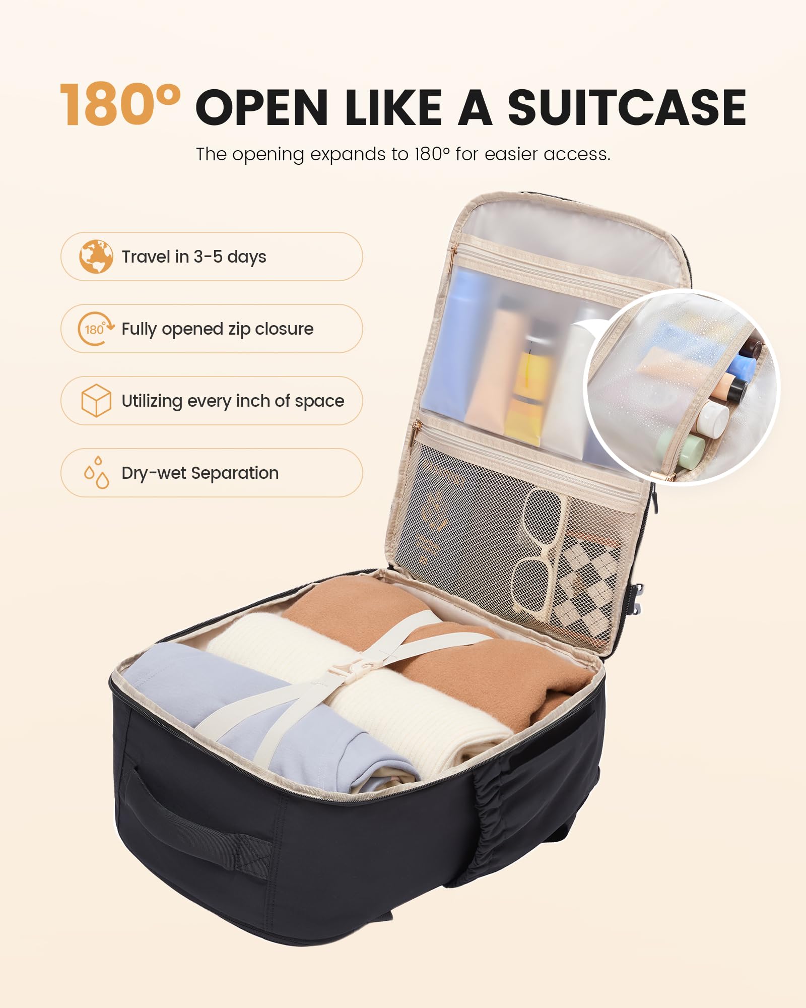 LOVEVOOK 40L Travel Backpack for Men Women, Waterproof Carry On Backpack for Work & Travel, Flight Approved Personal Item with 3 Packing Cubes, TSA Bag Fits 17.3" Laptop,Black - 3