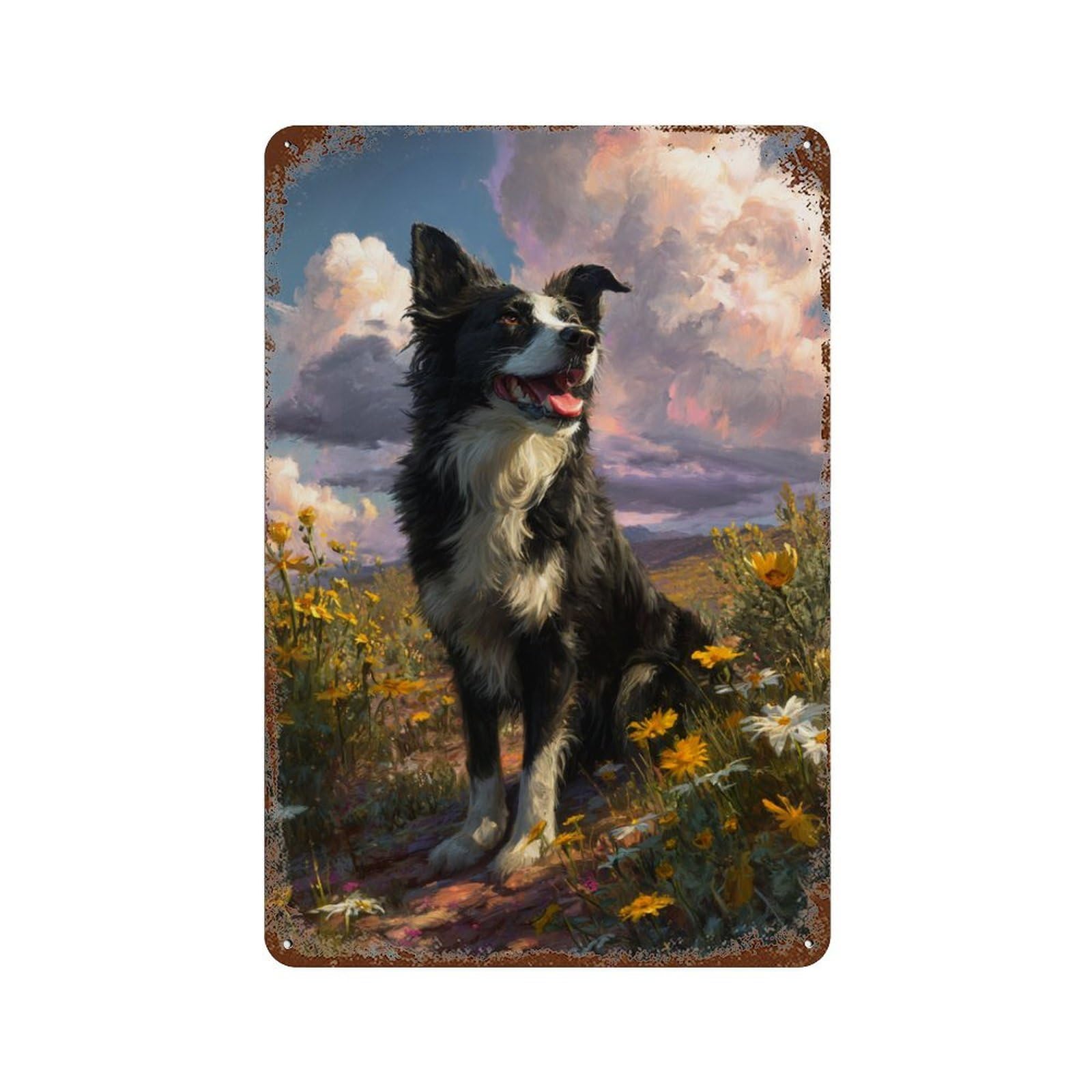 Border Collie in Wildflower Field Distressed Metal Wall Sign 11.8"x7.9", for Garage, Bar And Workshop Decor, Decorative Metal Wall Art