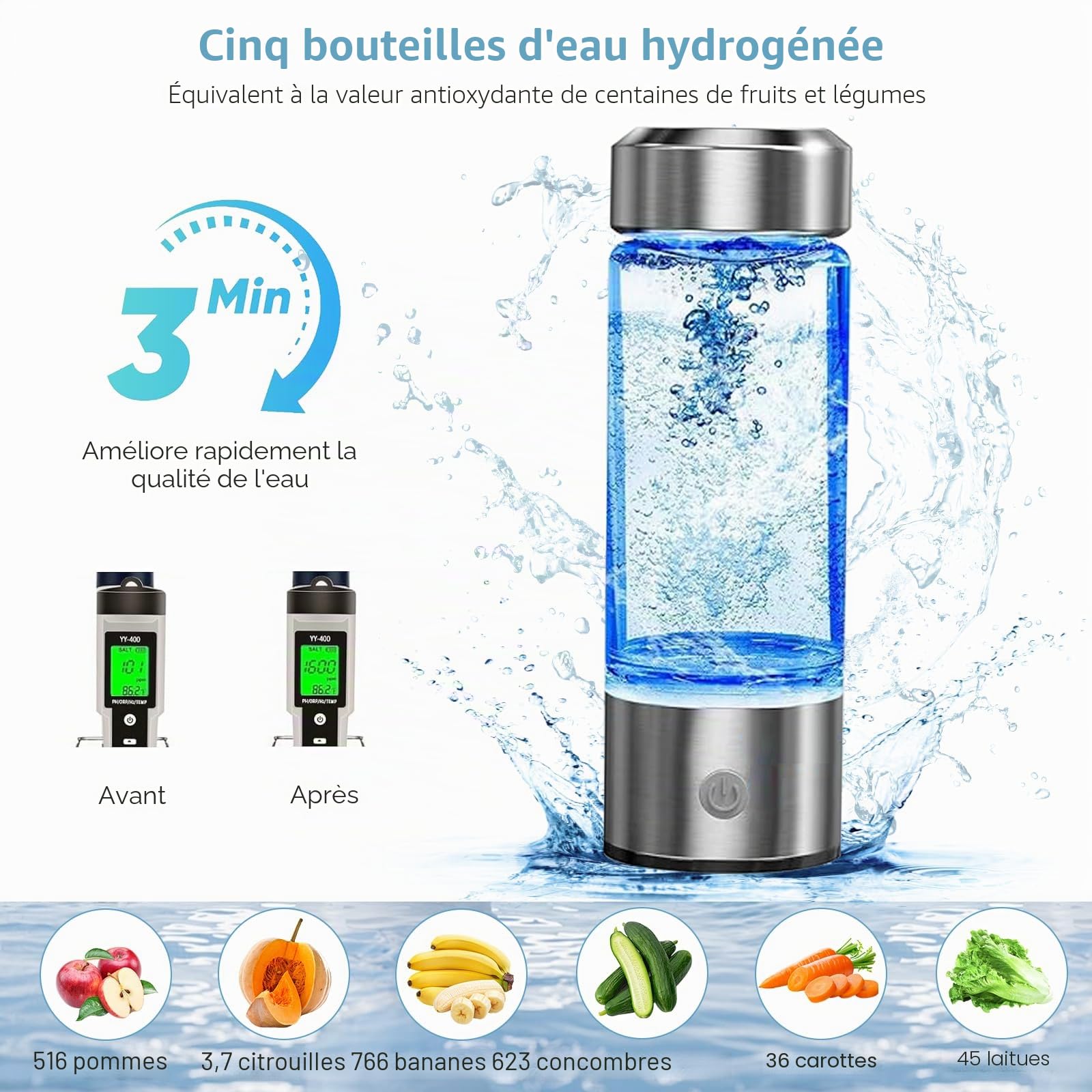 Bouteille Riche en Hydrogène Eau Portable, 430ML Générateur D'hydrogène en 3 Minutes Anti Âge, USB Bouteille d'eau Sans Fil, Fabricant D'eau D'hydrogène, pour Voyages, Maison,Bureau (2 Pièces)