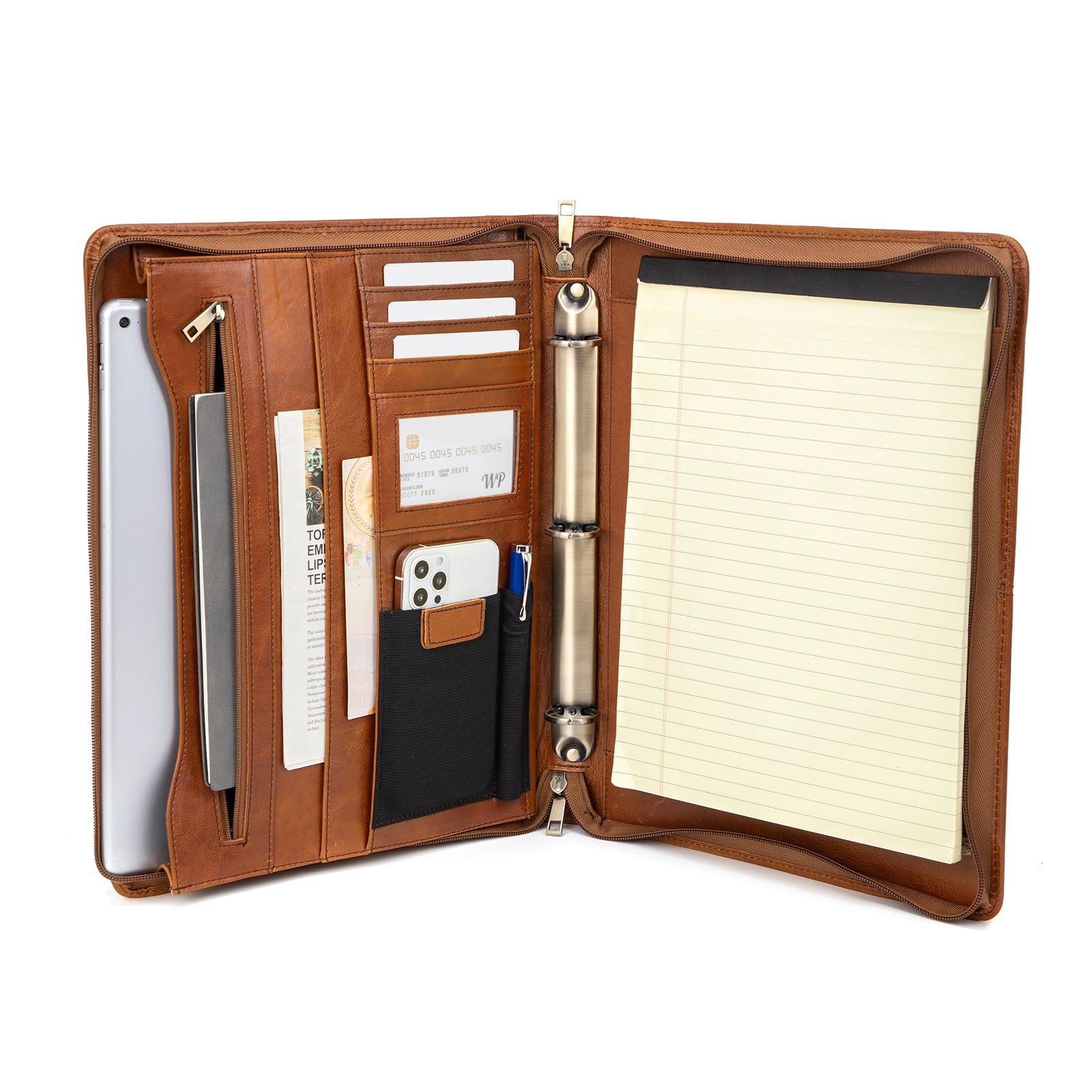 Genuine Leather Portfolio with 3 Ring Binder, Full Grain Leather Padfolio Zippered, A4 Notebook Holder Laptop Sleeve Professional Folder Organizer Gift for Men and Women, Brown, Oil Tanned