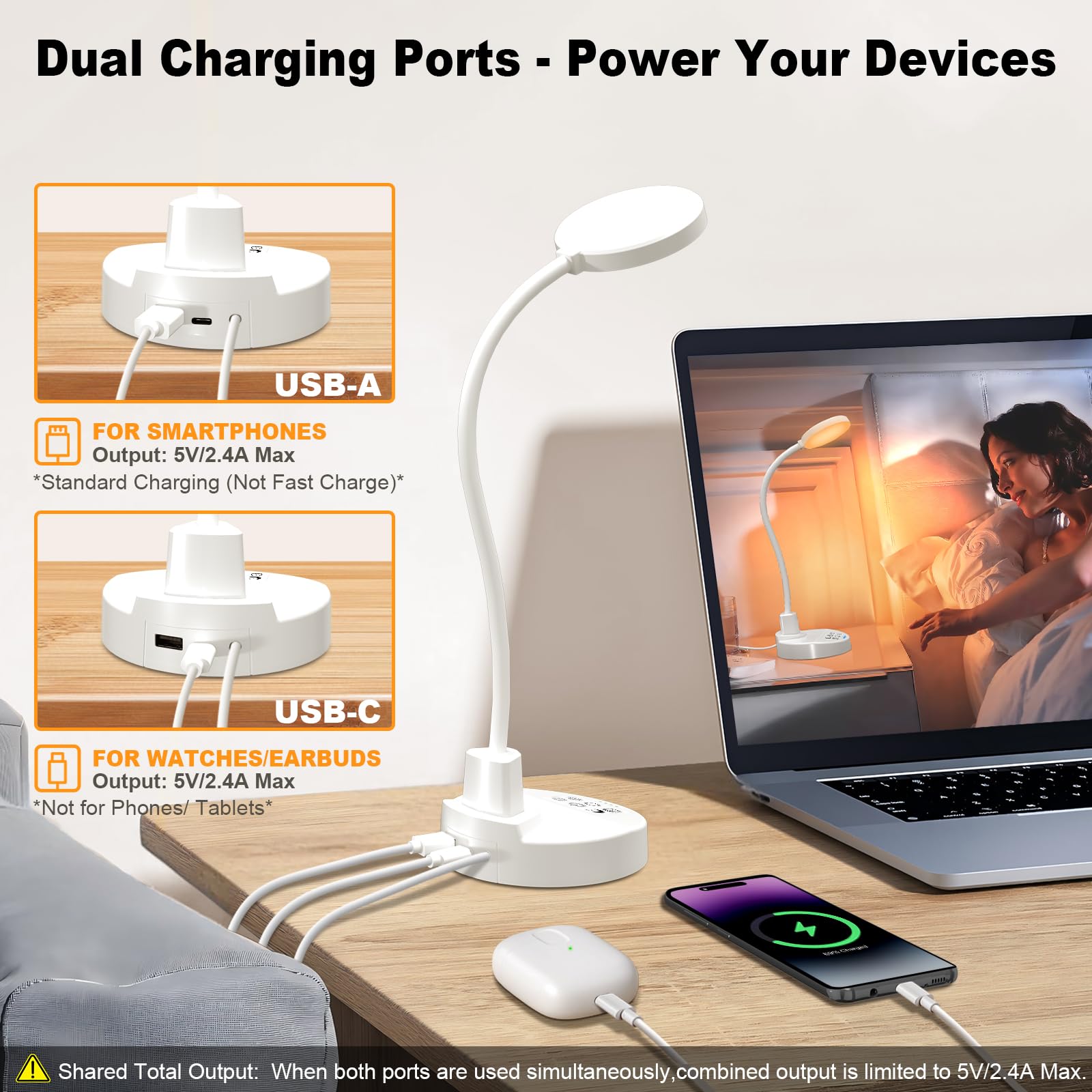 Lámpara de escritorio LED de 15W con USB-A y USB-C – Regulable, 3 temperaturas de color, 5 niveles de brillo, 4 temporizadores, cuello de cisne flexible de 360°, protección de los ojos