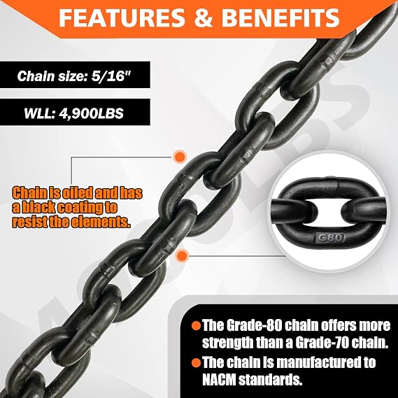 YATOINTO Grade 80 Log Chain 5/16'' X 14 Feet with Grab and Slip Hooks | Trailer Safety Chain WLL 4,900 lbs for Pulling & Towing