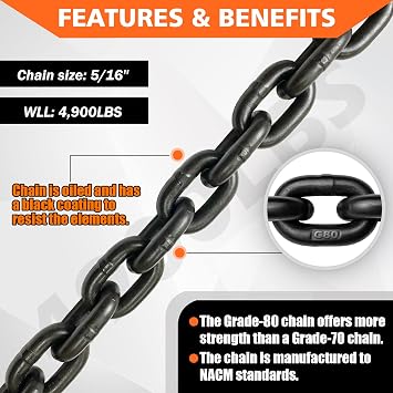 YATOINTO Grade 80 Log Chain 5/16'' X 14 Feet with Grab and Slip Hooks | Trailer Safety Chain WLL 4,900 lbs for Pulling & Towing