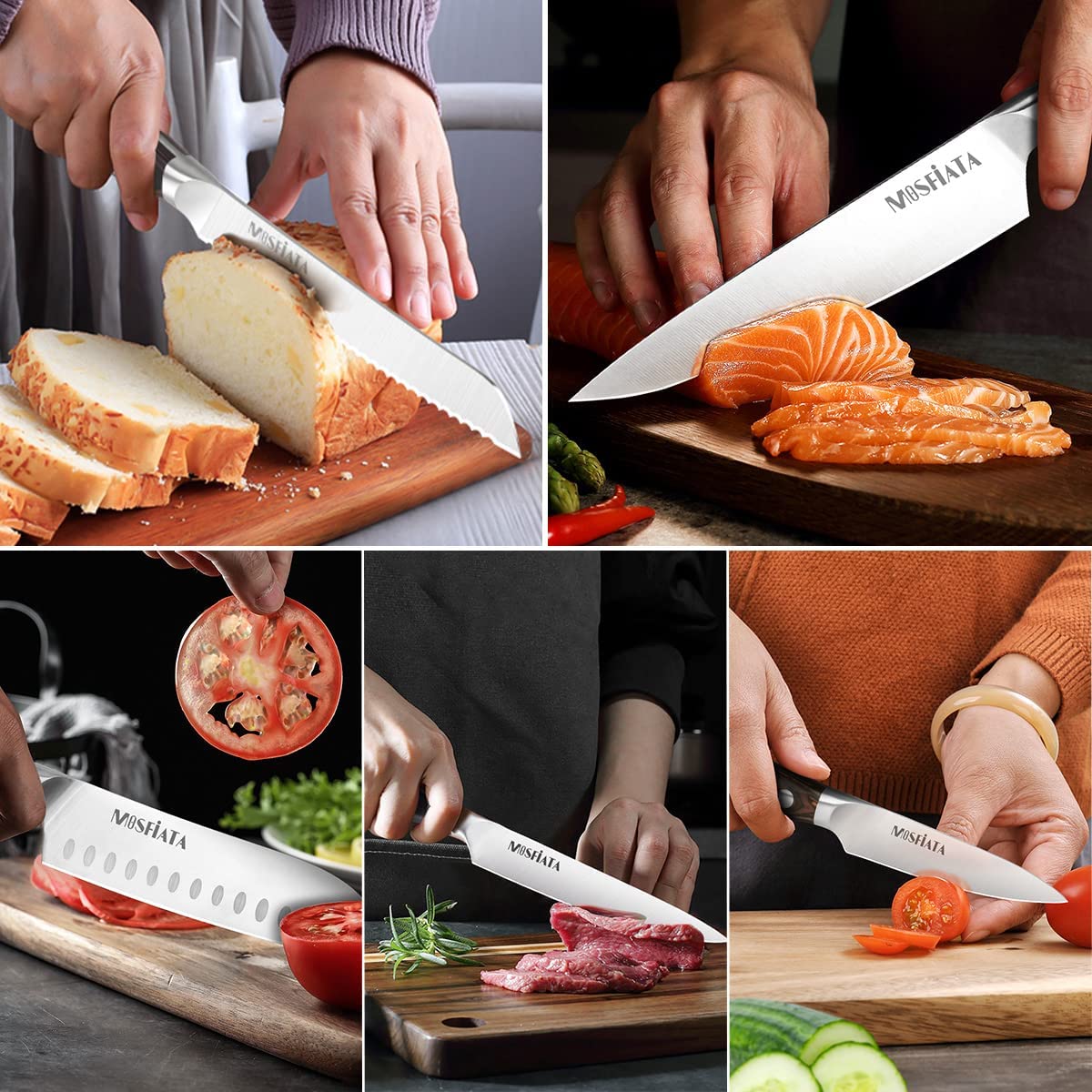 MOSFiATA Kitchen Knife Set-5Pcs, Professional Kitchen Chef’s Knives with Ultra Sharp Stainless Steel Blades, Bread Knife Cooking Knives Sets (silver) — Amazon image 7