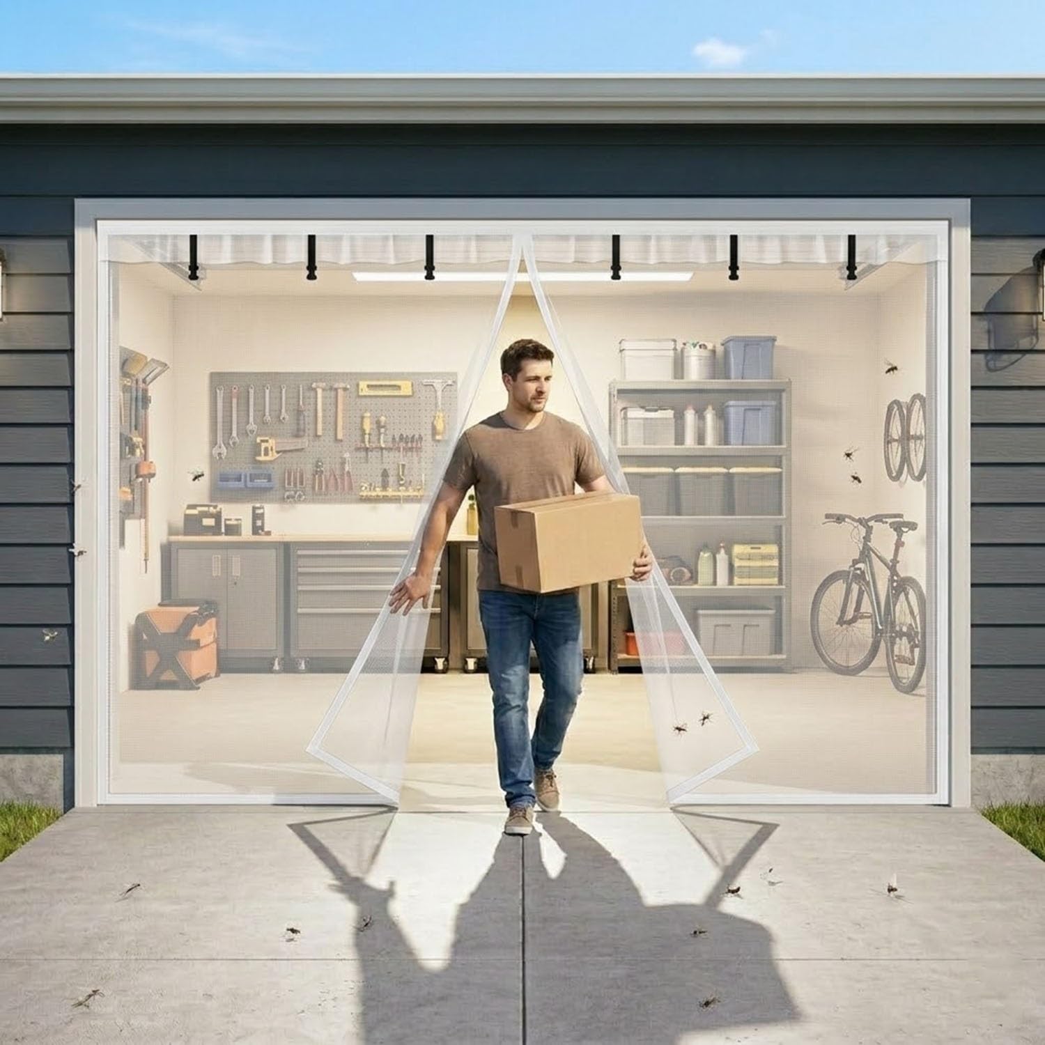 Moustiquaire garage magnétique blanche pour bricoler à l'abri des insectes