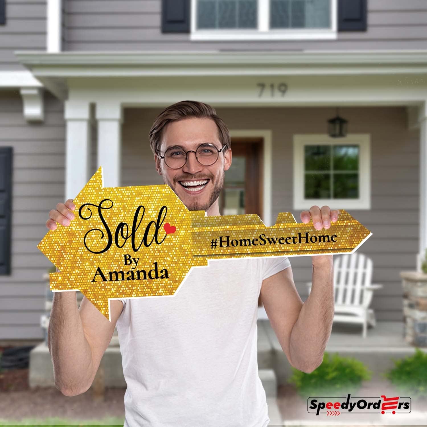 Giant Key Sold Sign For Realtors - Customized Real Estate Sold Key - Personalized Sold Sign For Marketing - Gold Sparkle Size S