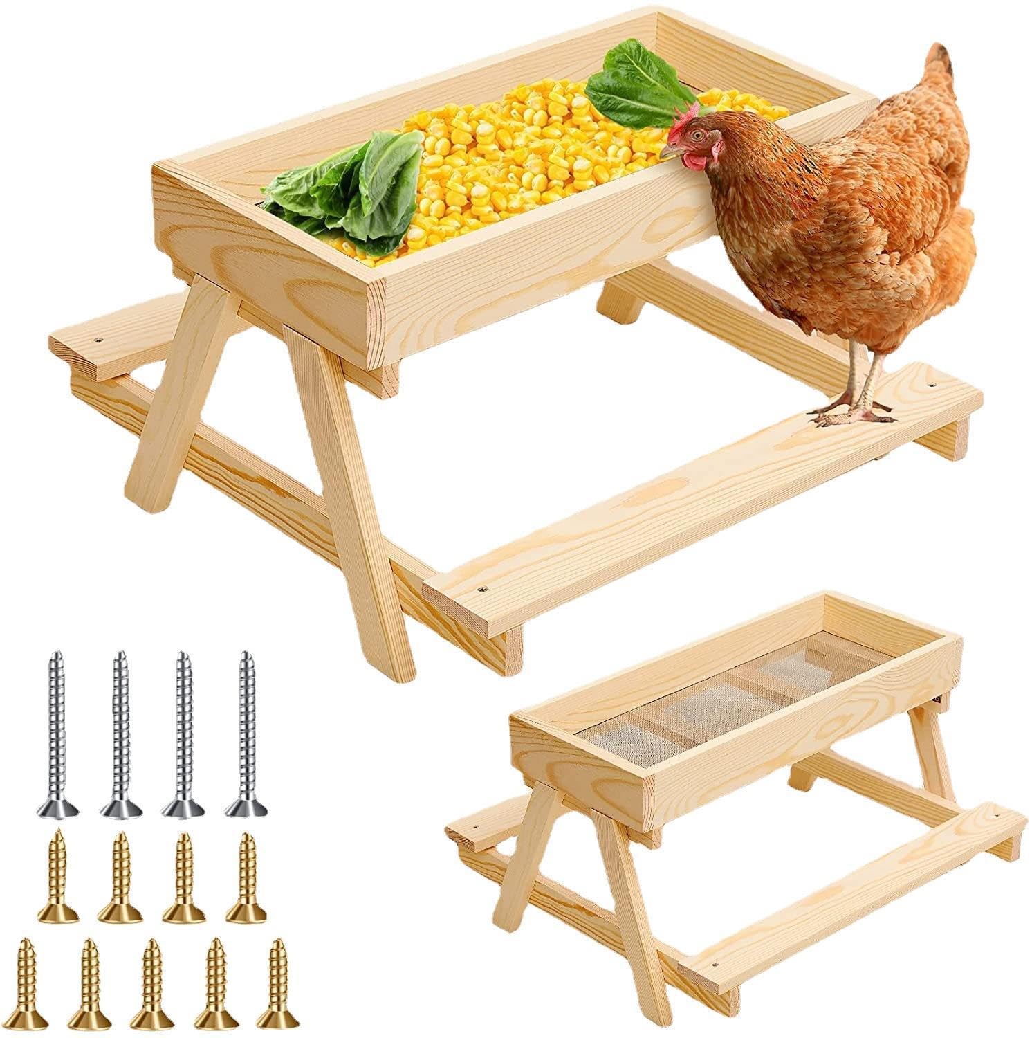 Mangiatoia per polli in legno con supporto, rialzata senza sprechi, in legno naturale con base in rete per polli da cortile, galline, anatre