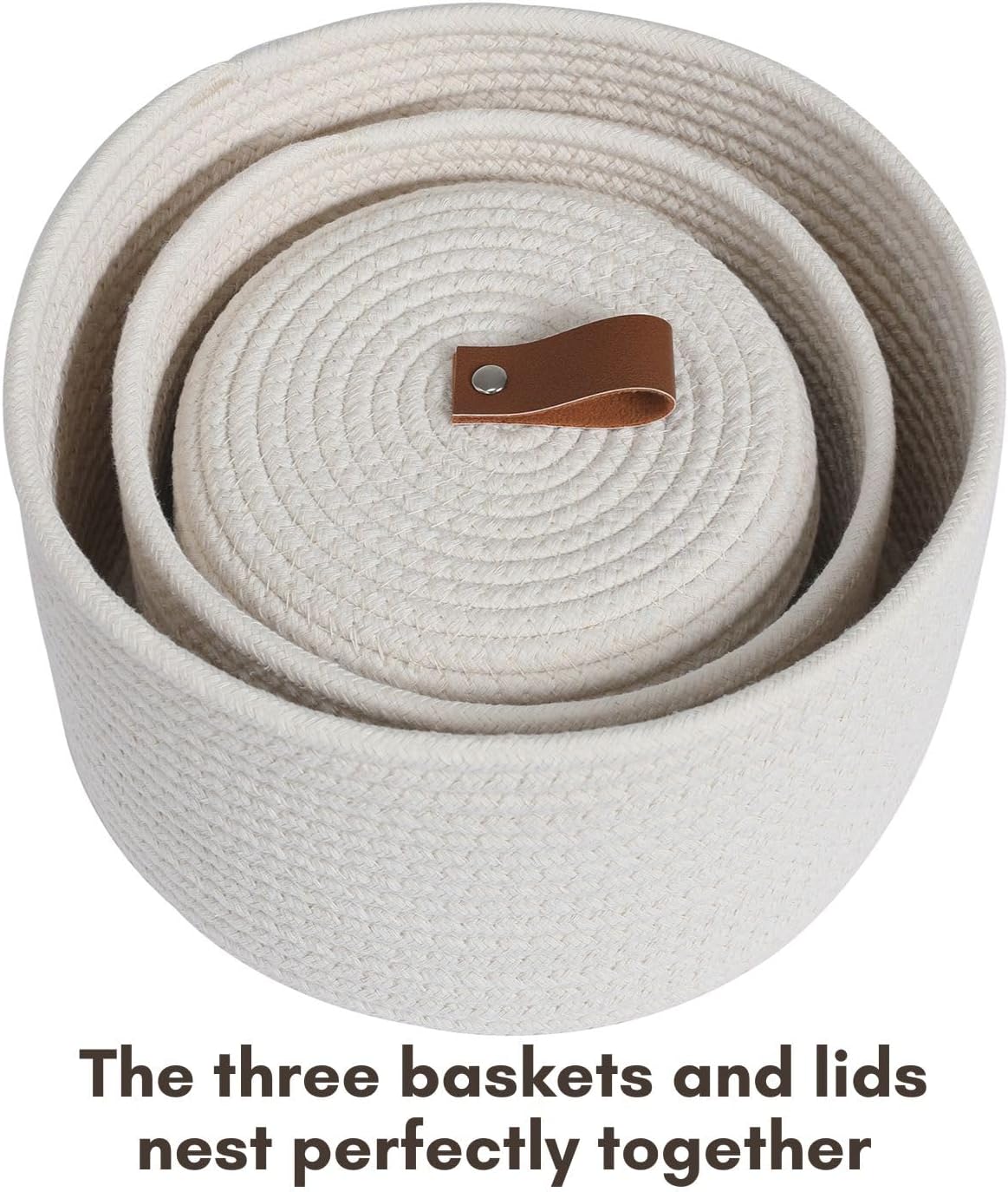 Cottonphant Set of 3 Stylish Round Woven Baskets with Lids - Elegant Storage Solution for Home Decor and Organization - Compact Shelf Baskets (Off White, 10"x6"-8"x5"-6"x4")
